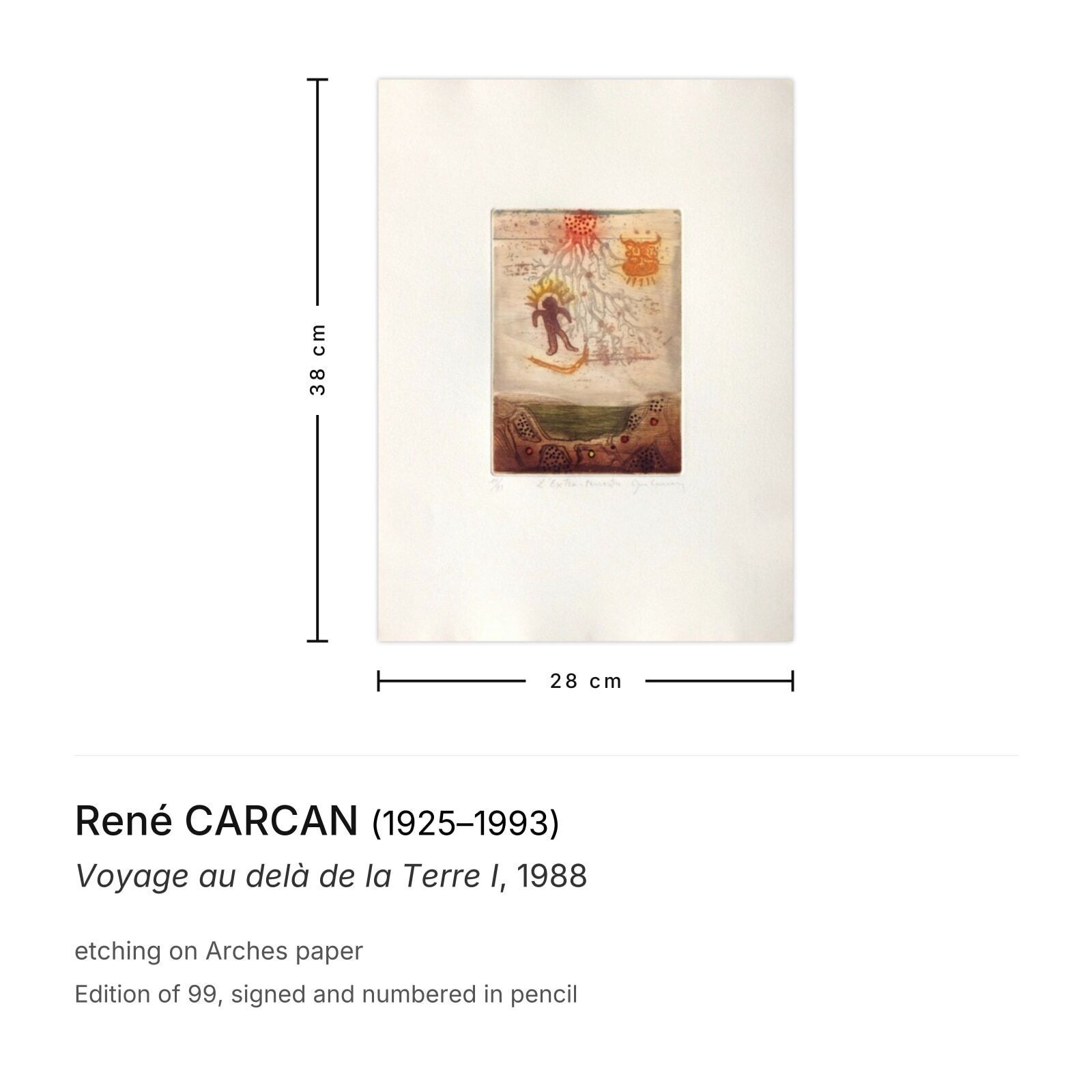 René Carcan Signed Etching Voyage Au Delà De La Terre I 1988 photo furniture