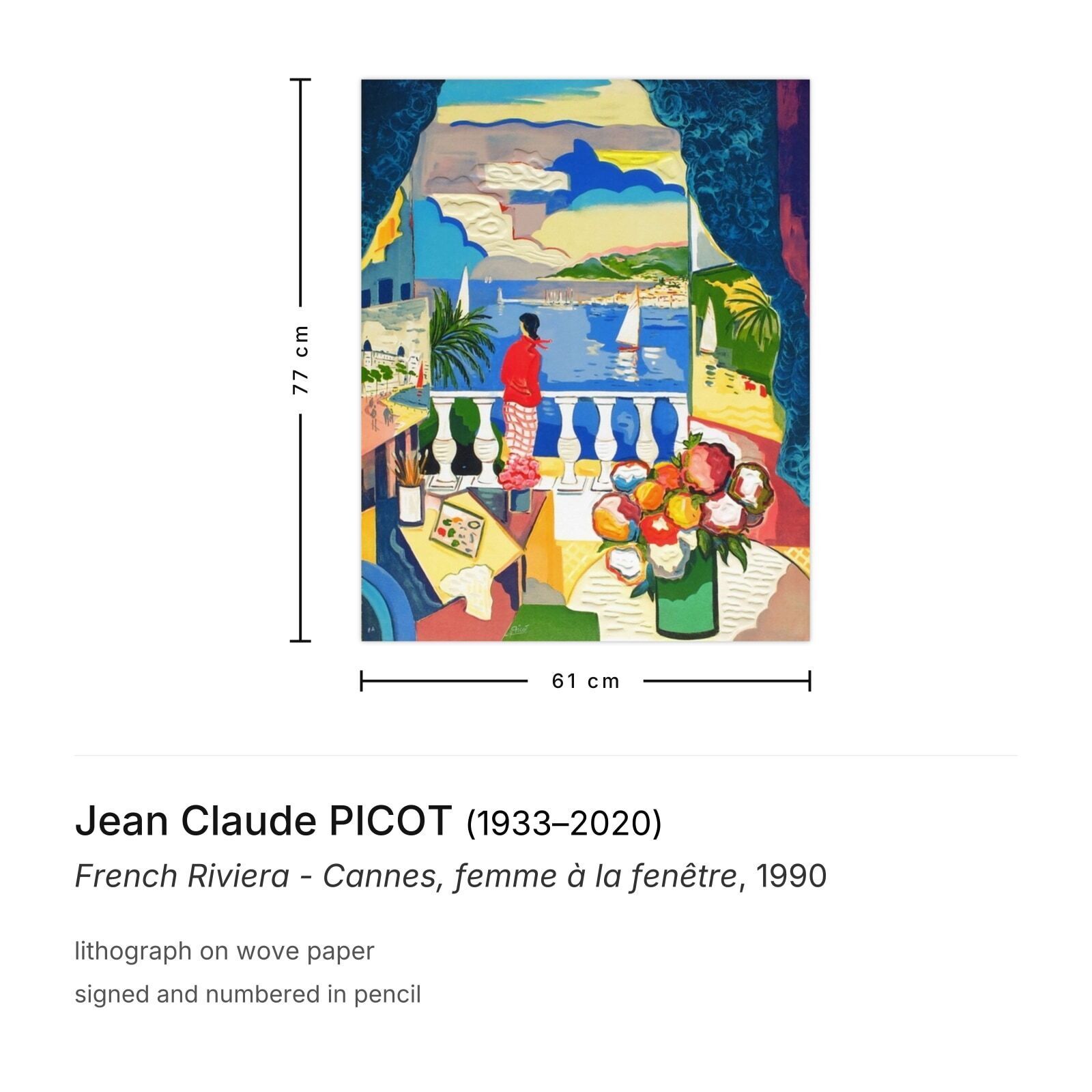 Jean Claude Picot Gesigneerde Lithografie French Riviera Cannes, Femme à La Fenêtre 1990 photo furniture