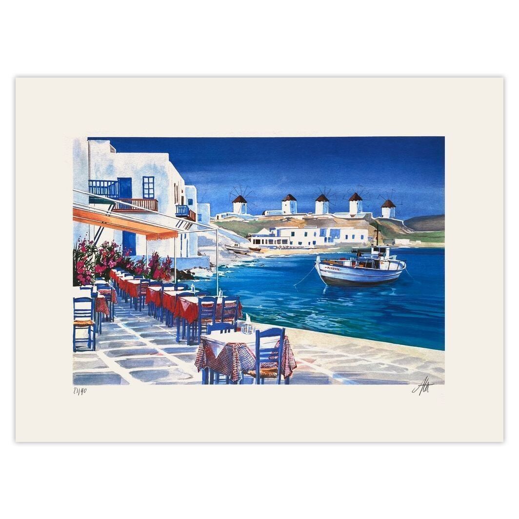André Bongibault Gesigneerde Lithografie Grèce Les 5 Moulins à Mykonos 1995