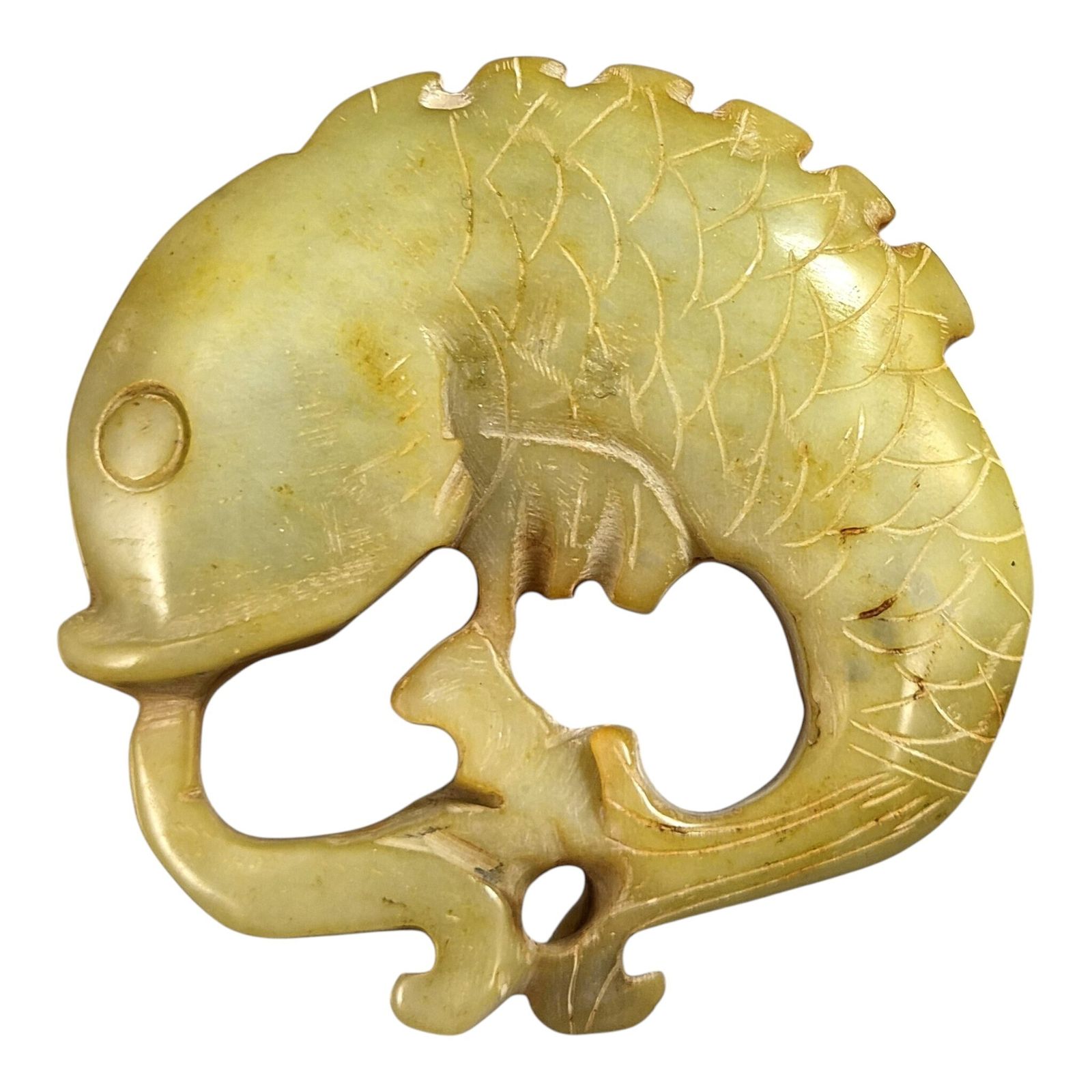 Chinese Fangu stenen amuletensemble met Bi-schijf, Qilin, Chilong-draak en karper photo furniture