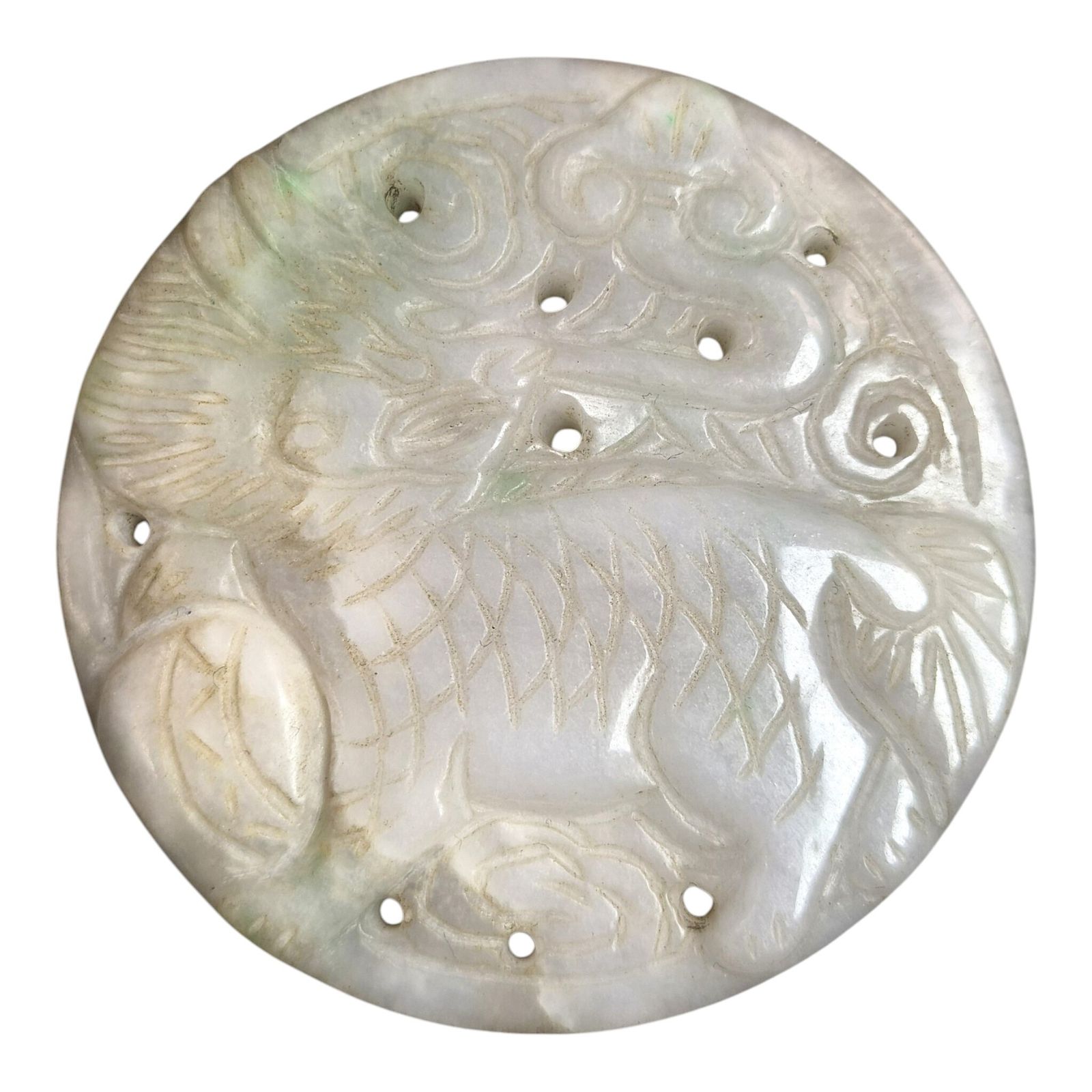 Chinese Fangu stenen amuletensemble met Bi-schijf, Qilin, Chilong-draak en karper photo vintage
