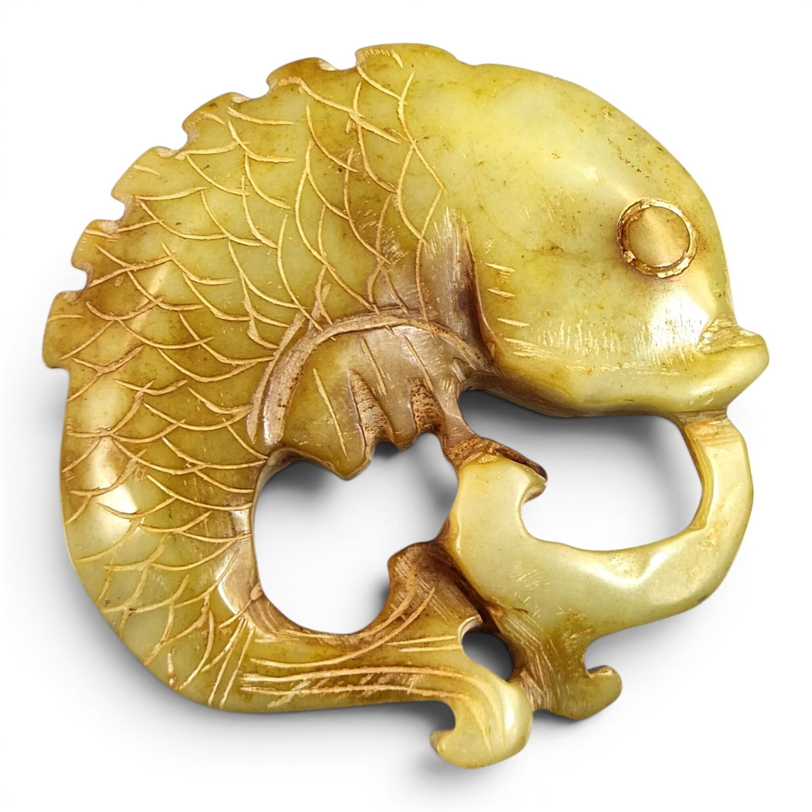 photo for sale Chinese Fangu stenen amuletensemble met Bi-schijf, Qilin, Chilong-draak en karper