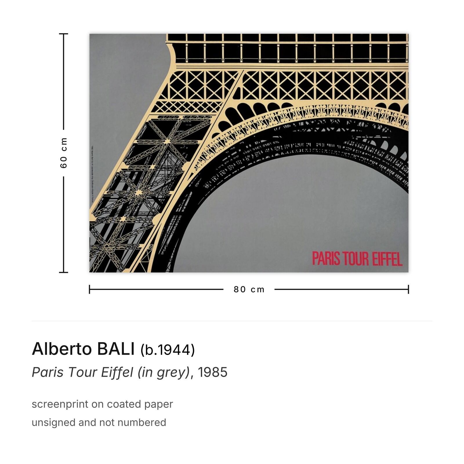 Alberto Bali Screenprint Paris Tour Eiffel (In Grey) 1985 photo furniture