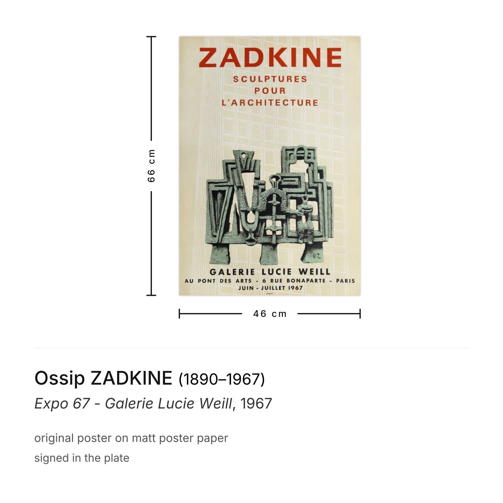 Ossip Zadkine Poster Expo 67   Galerie Lucie Weill photo furniture