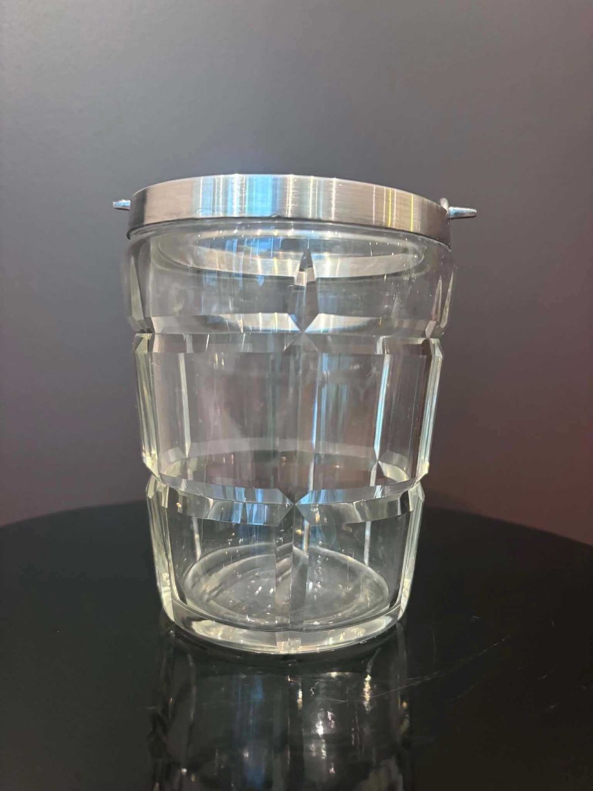 Crystal Ice Bucket 40s Molded Glass And Metal, Mid Century French Bar Accessory Bar Cart Decor Gift For Him Bartender photo vintage