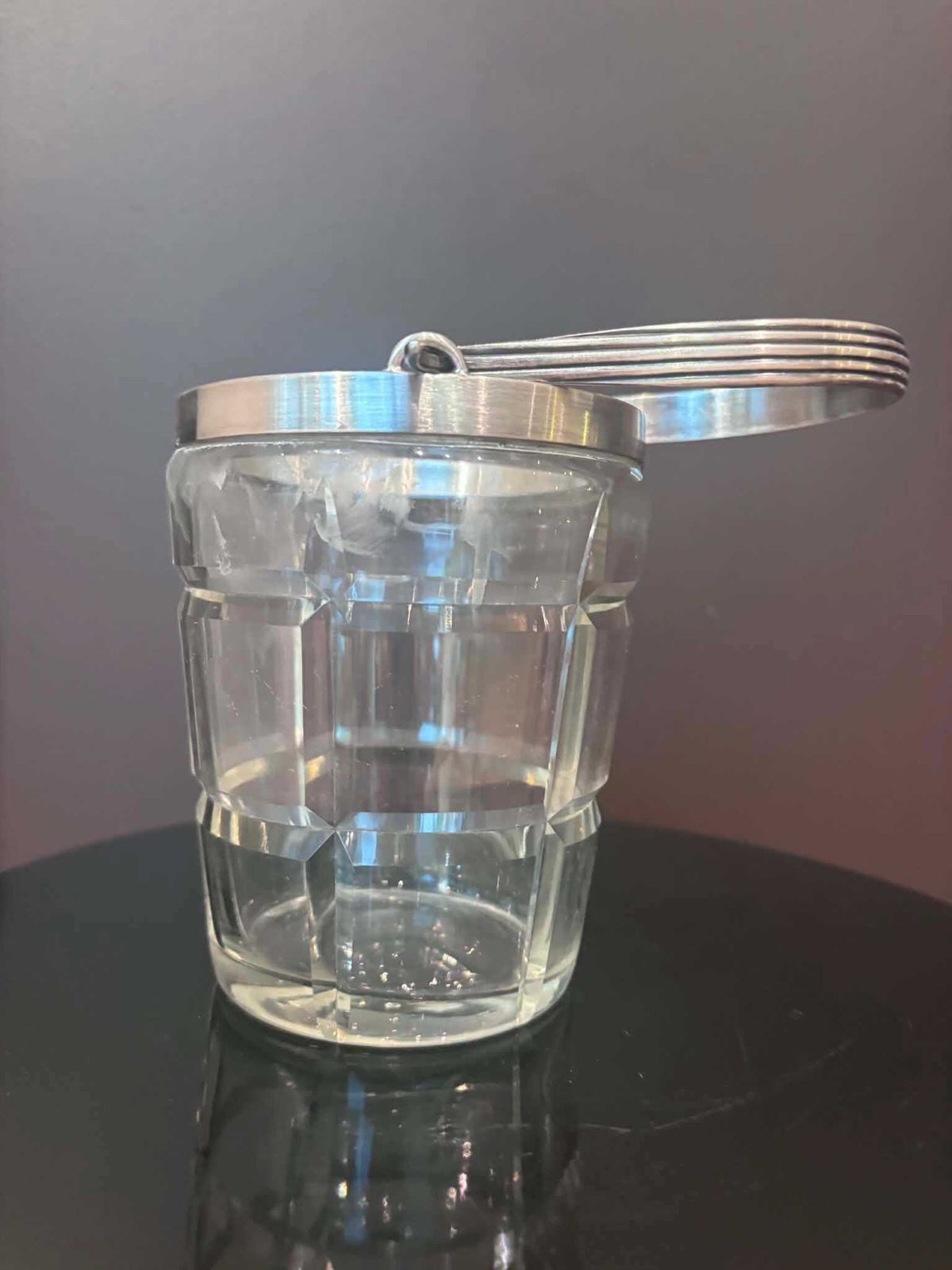 179.0 Crystal Ice Bucket 40s Molded Glass And Metal, Mid Century French Bar Accessory Bar Cart Decor Gift For Him Bartender photo