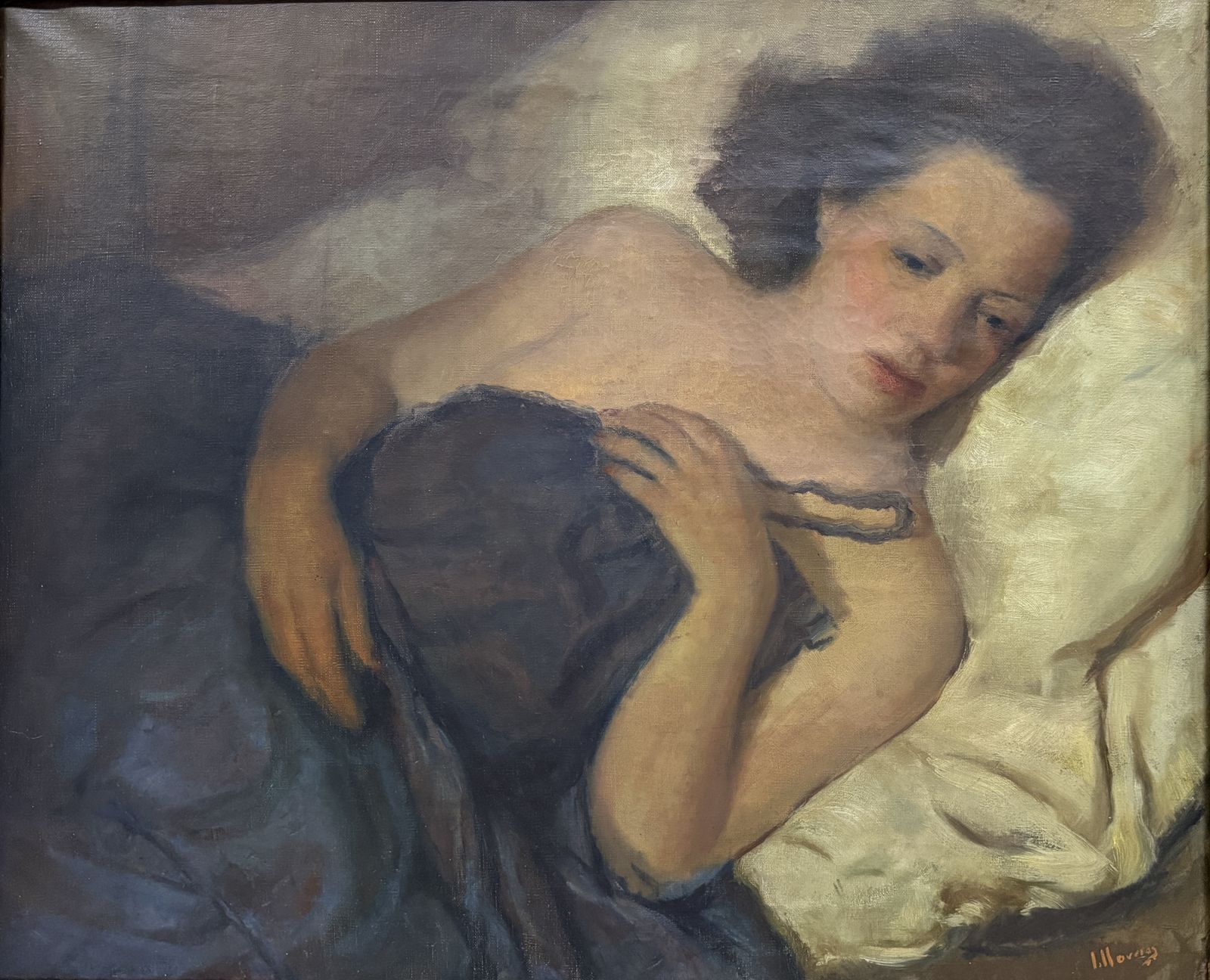 Josep Lloveras Feliu Intimate Reclining Woman In Blue, Modern European Figurative Interior Oil Canvas 1950s photo furniture