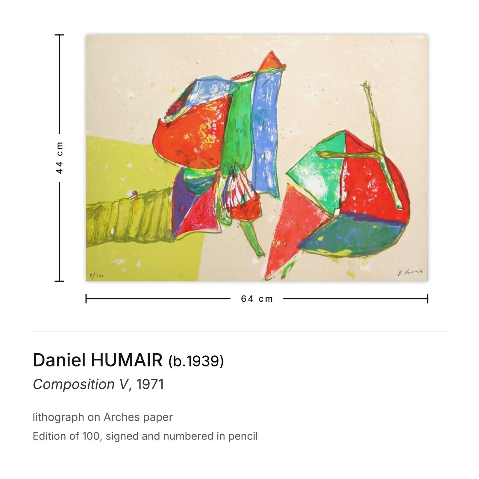 Daniel Humair Signed Lithograph Composition V 1971 photo furniture