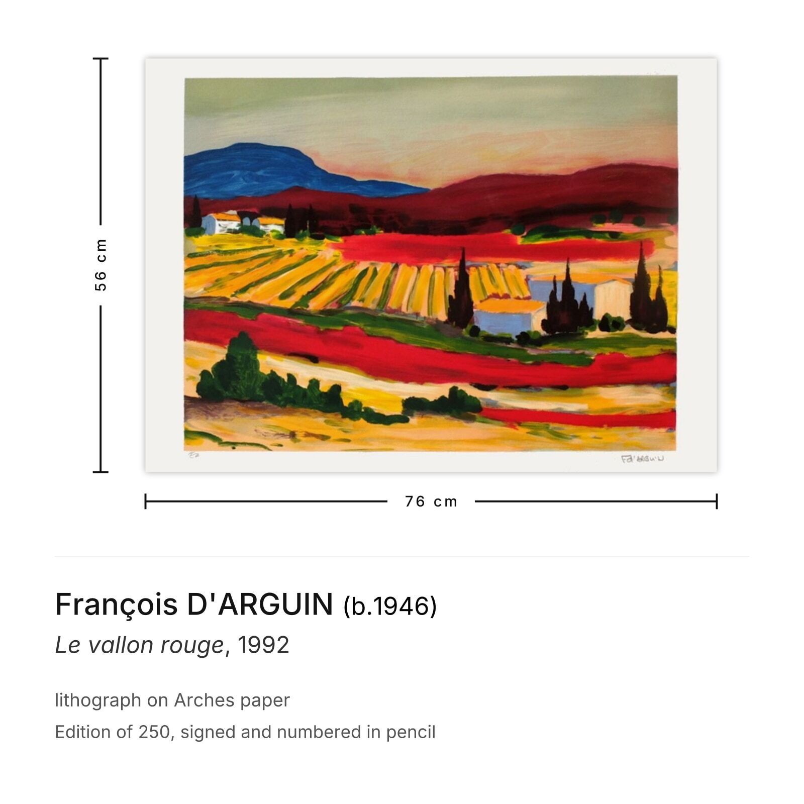 François D'Arguin, gesigneerde lithografie, Le Vallon Rouge, 1992 photo furniture