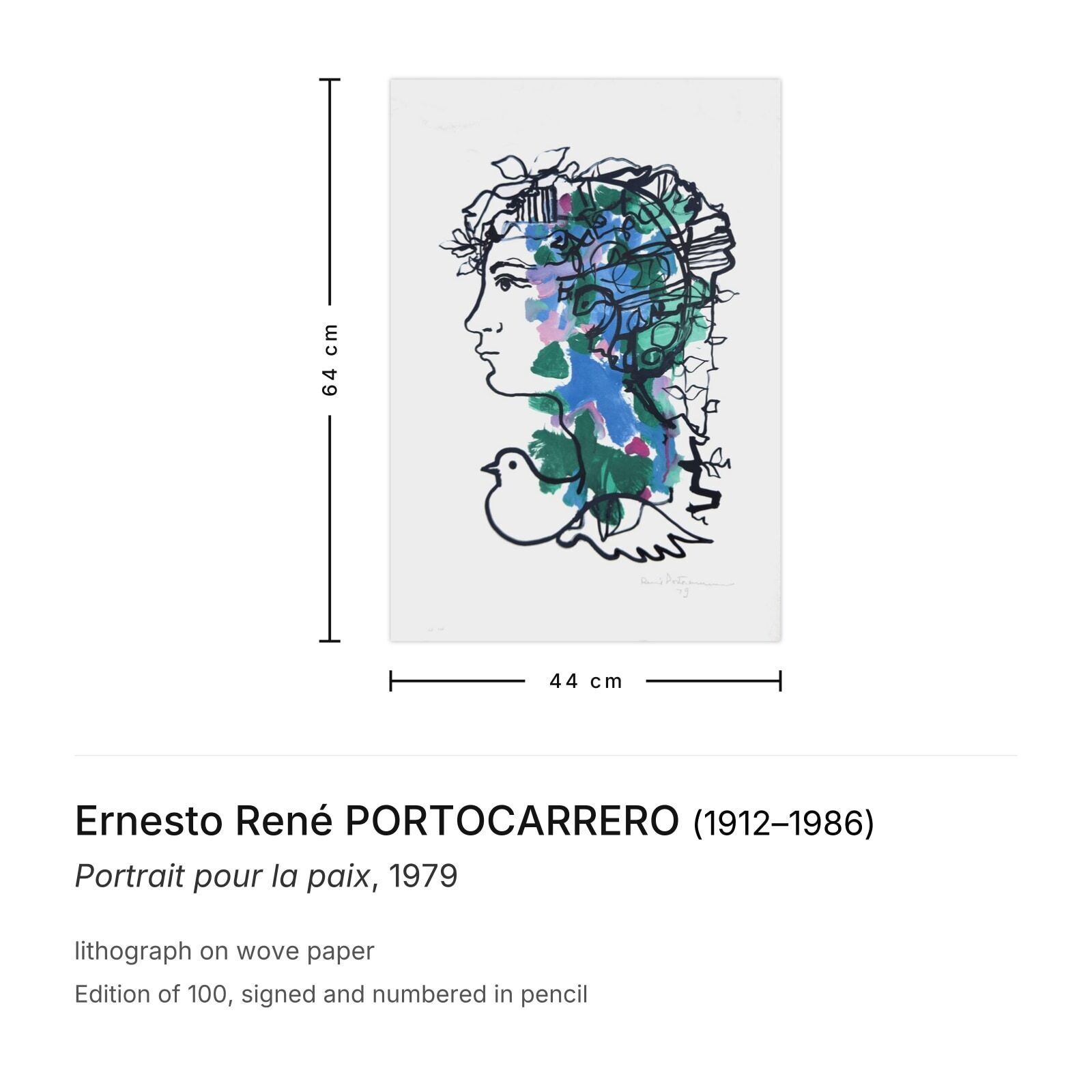 Ernesto René Portocarrero Gesigneerde Lithografie Portrait Pour La Paix 1979 photo furniture