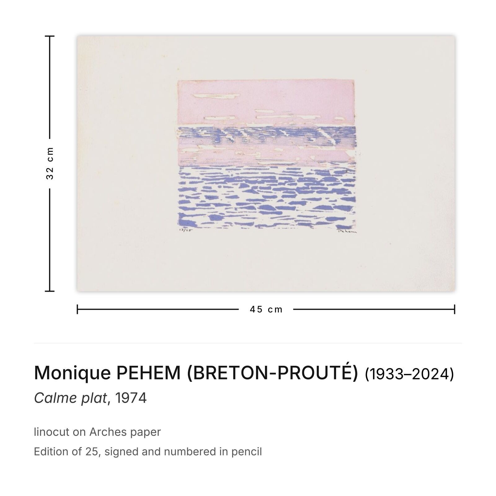 Monique Pehem (Breton Prouté) Gesigneerde Linosnede Calme Plat 1974 photo furniture