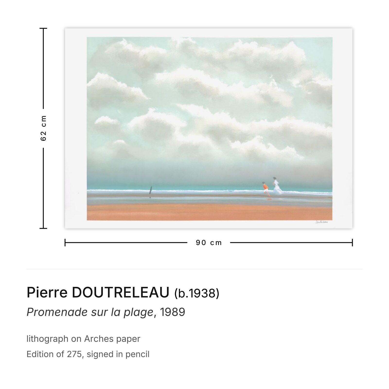 Pierre Doutreleau Gesigneerde Lithografie Promenade Sur La Plage 1989 photo furniture