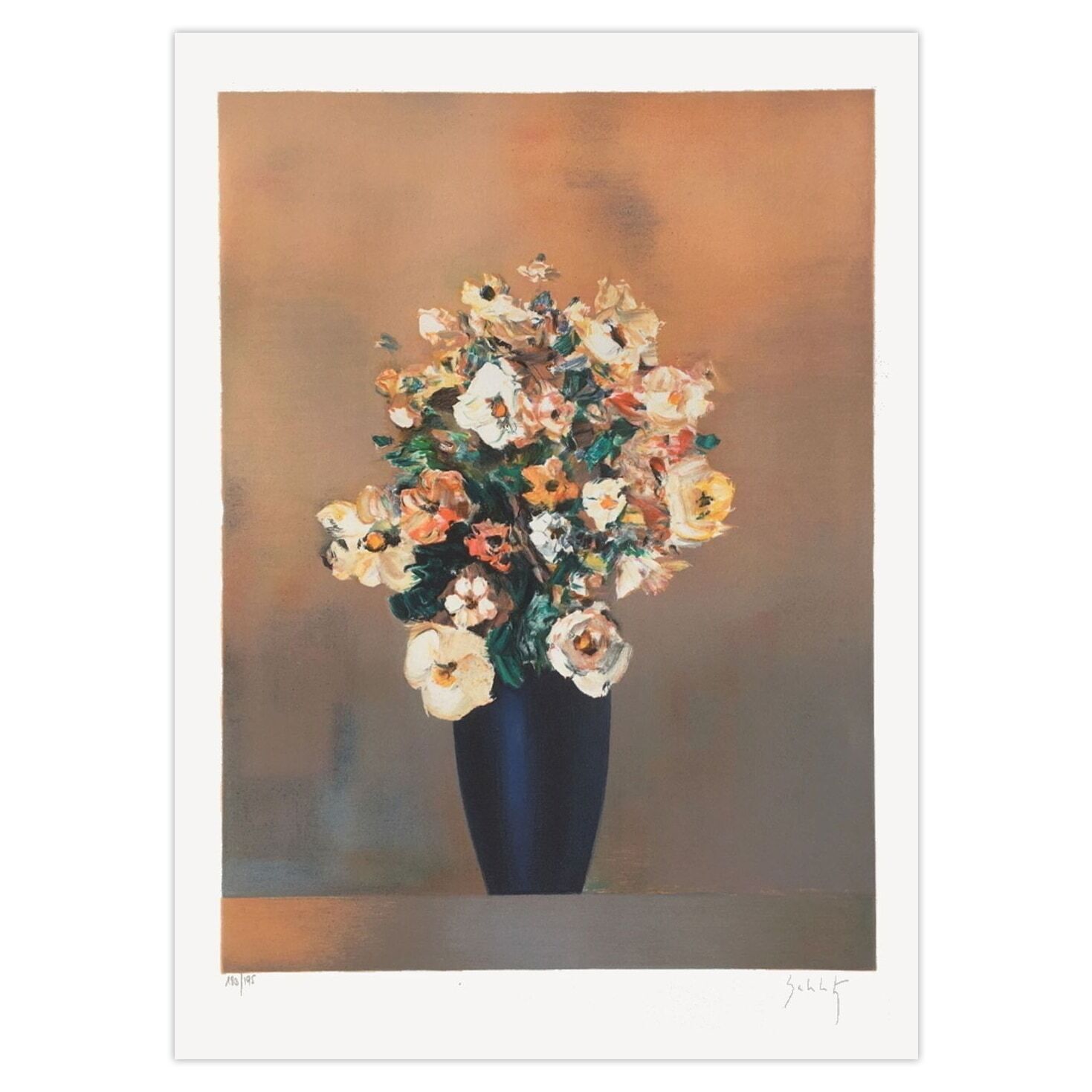 Franz Schlitz Gesigneerde Lithografie Bouquet Au Vase Noir 1985
