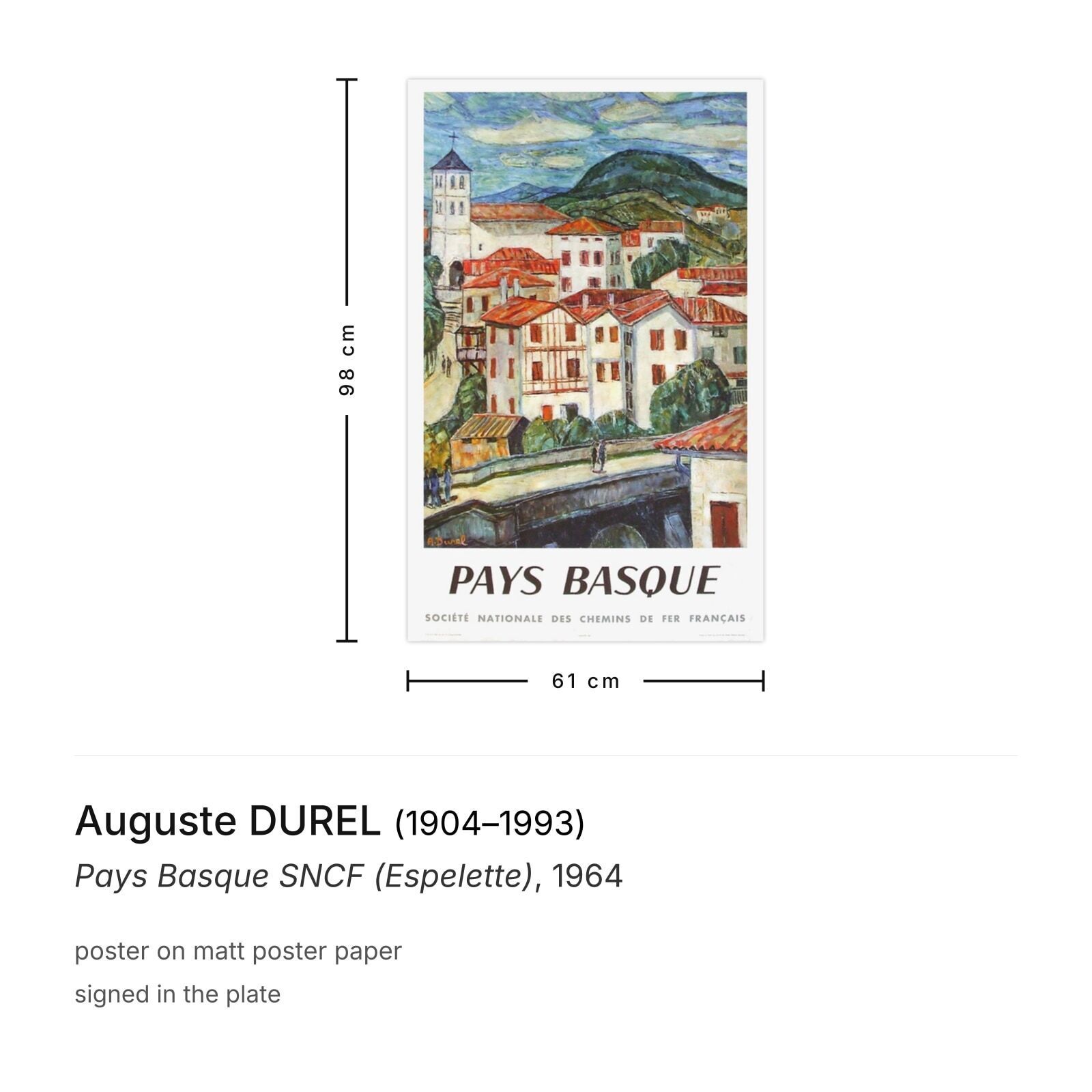 Auguste Durel Poster Pays Basque Sncf (Espelette) 1964 photo furniture