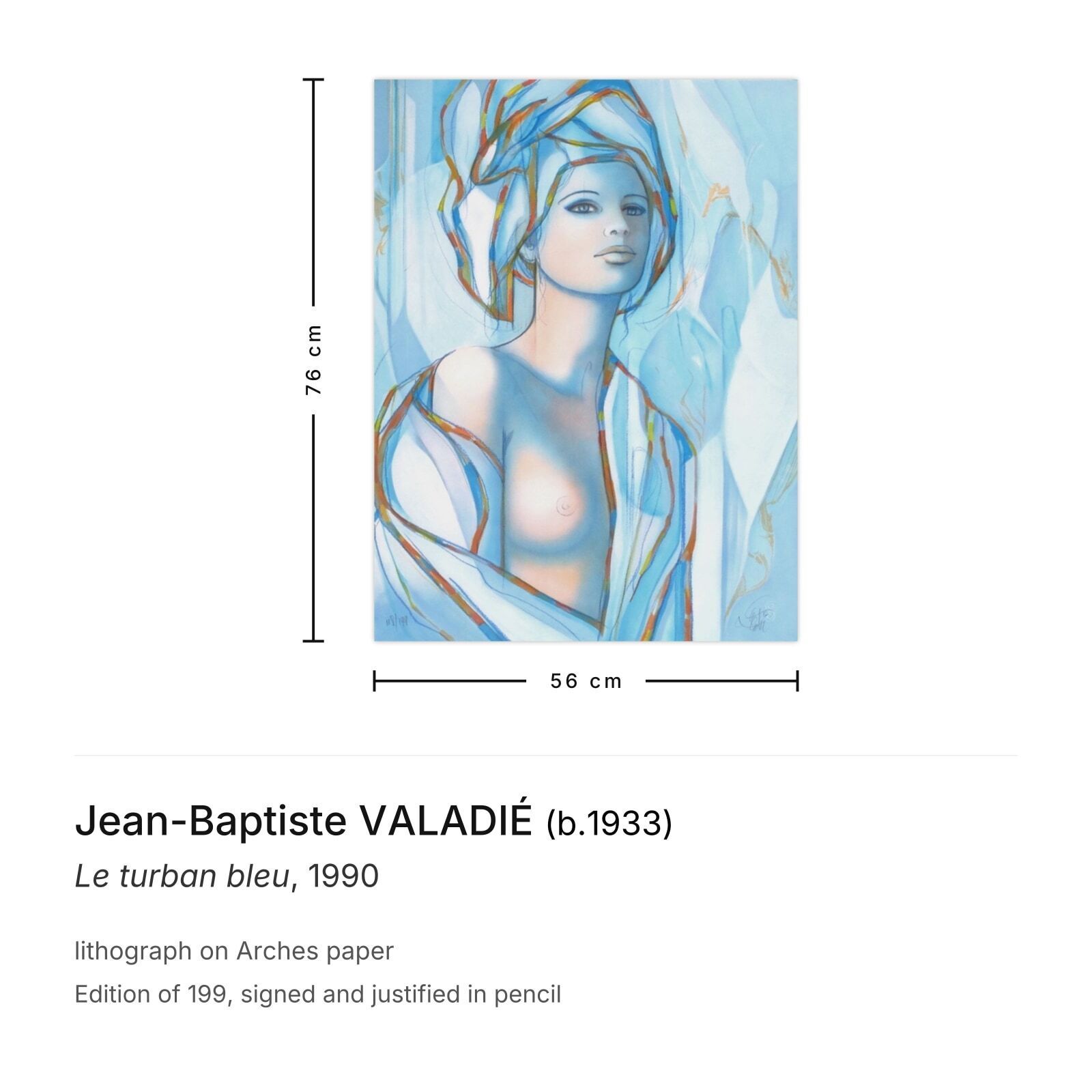 Jean Baptiste Valadié gesigneerde lithografie Le Turban Bleu 1990 photo furniture