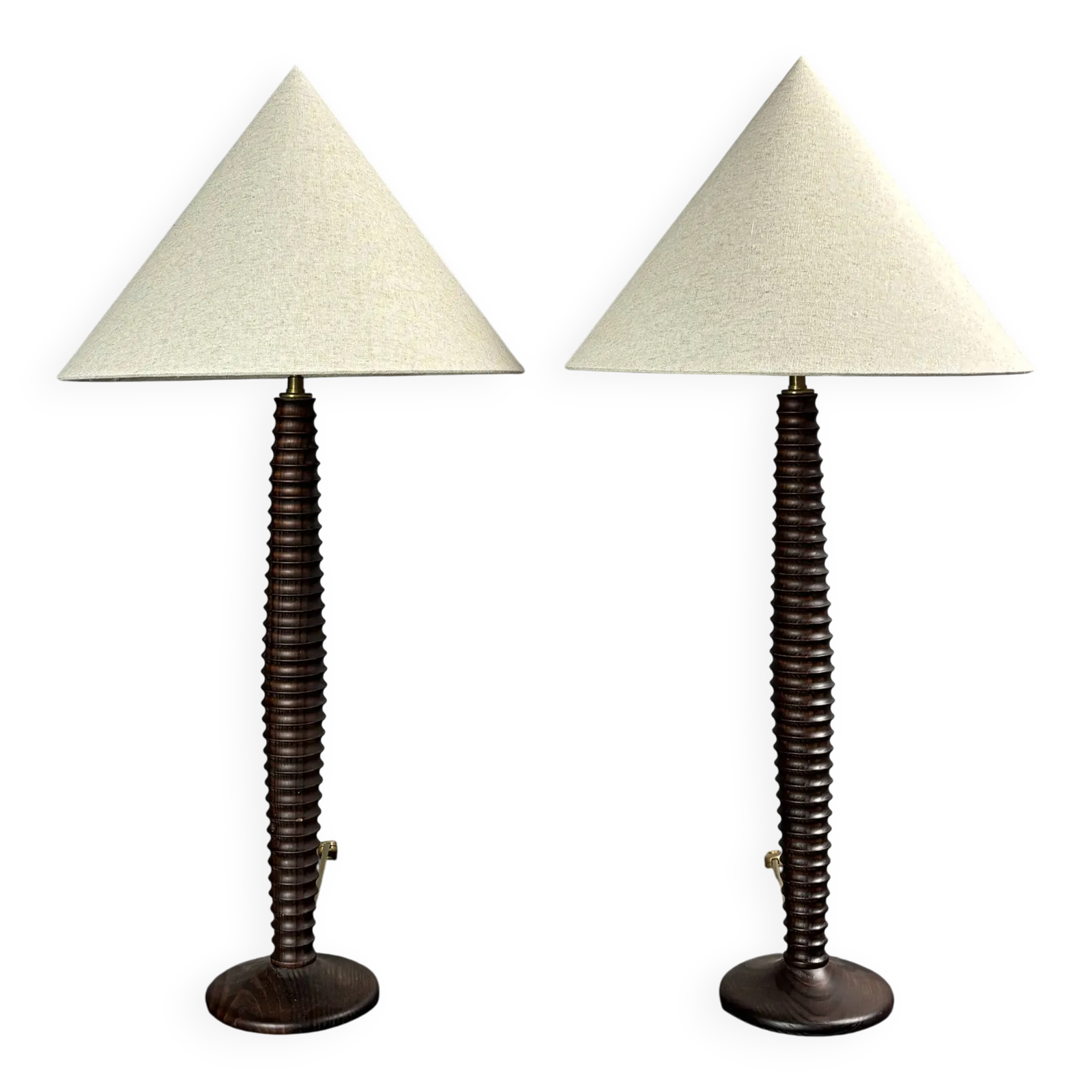 Pair Midcentury Wood Turned Table Lamps, In The Style Of Charles Dudouyt