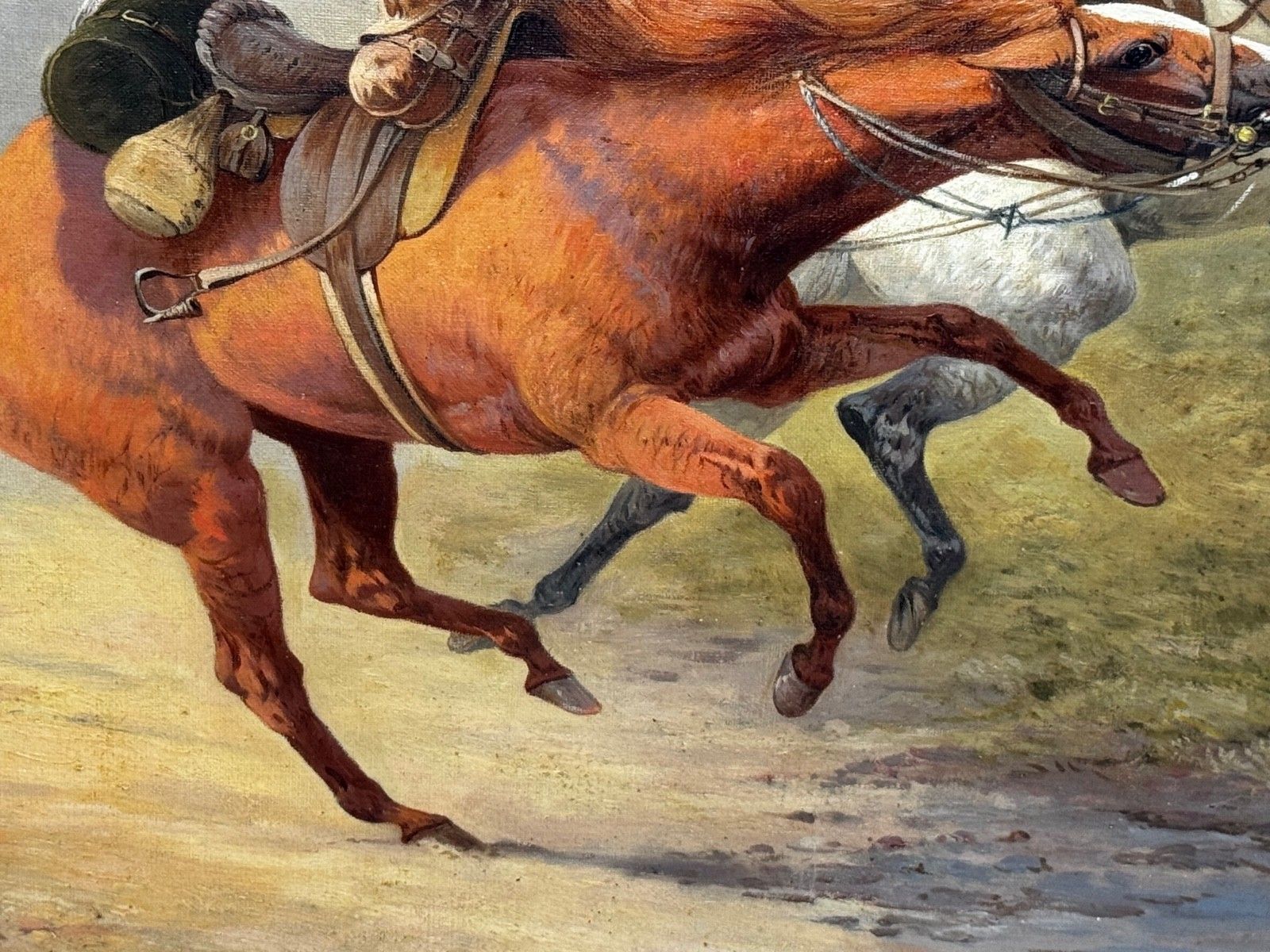 WW1 Slag bij Charleroi Grote Terugtocht Olieverfchilderij Op Hol Geslagen Paarden Gesigneerd door Edith Alice Simkins photo Kunst
