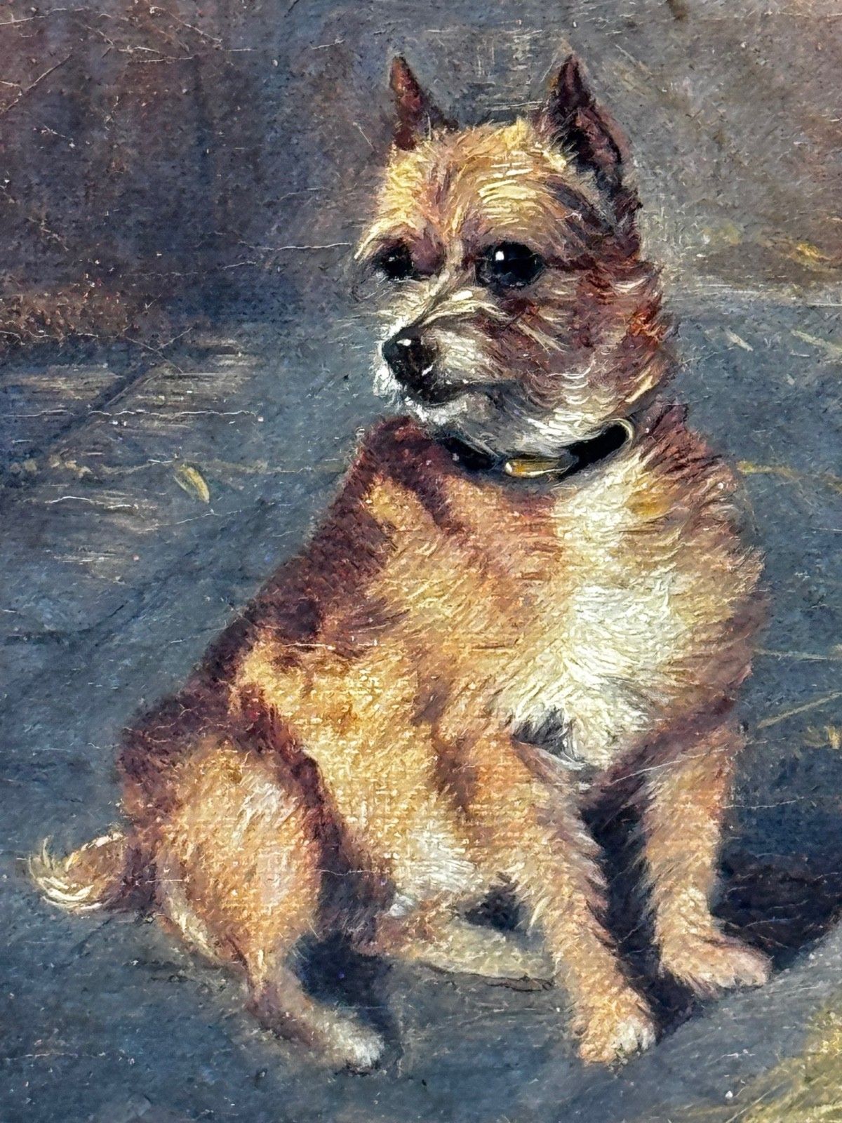Victorian  Equestrian Oil Painting Portrait  Strawberry Roan Hunter Horse In Stable With Terrier Circle Of Edwin Frederick Holt photo vinterior