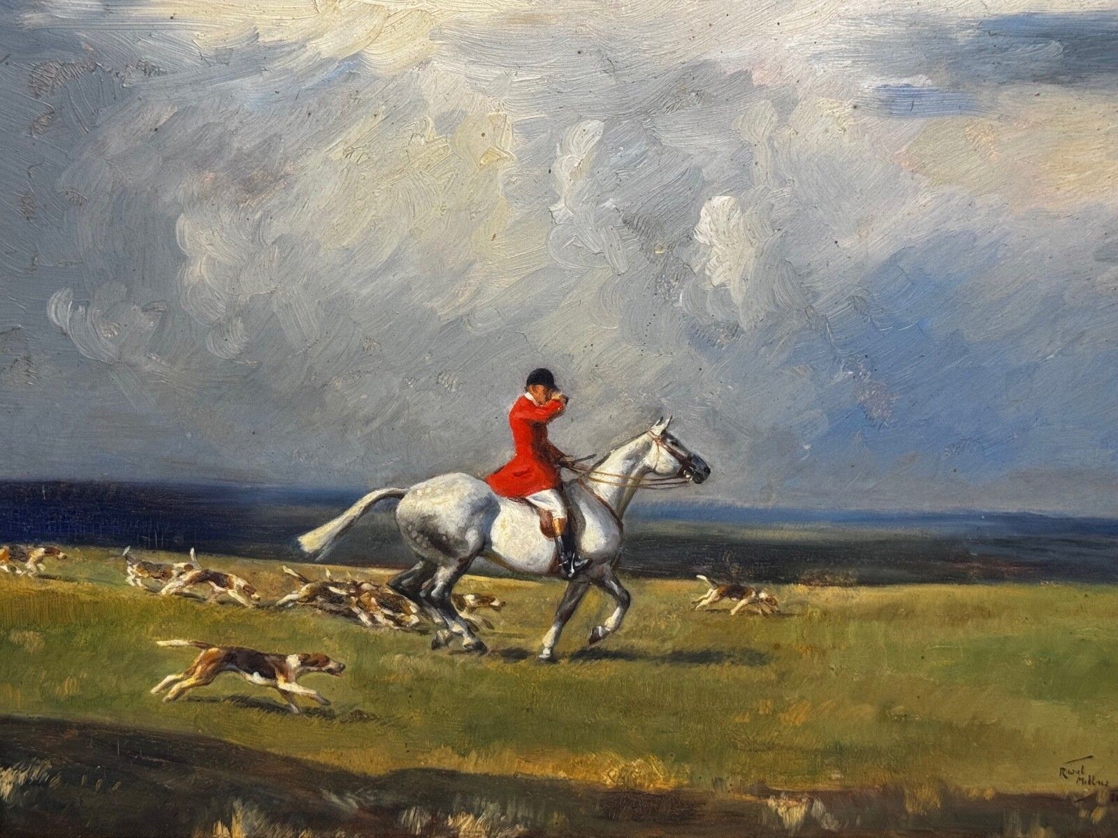 Ruiterij-olieverfchilderij De Grijze Hengst - Sussex Hunt, gesigneerd door Hesketh Raoul Lejarderay Millais photo furniture