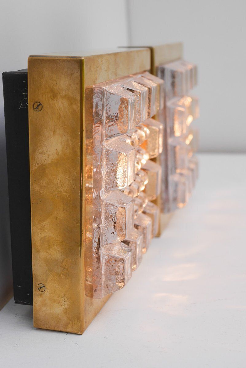 photo for sale Swedish Brutalist Glass And Brass Wall Lamps From Falkenbergs Belysning, Set Of 2