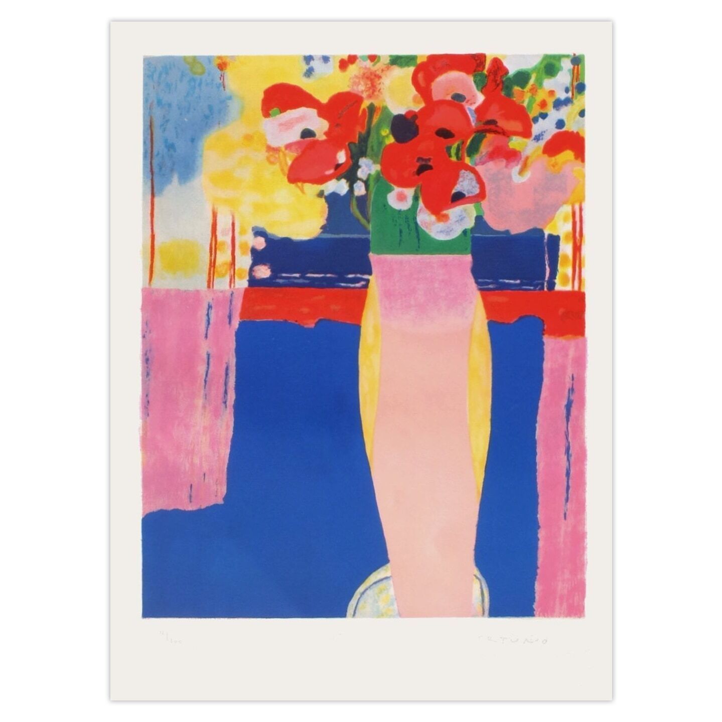 Roberto Ortuno Gesigneerde Lithografie Fleurs 1985