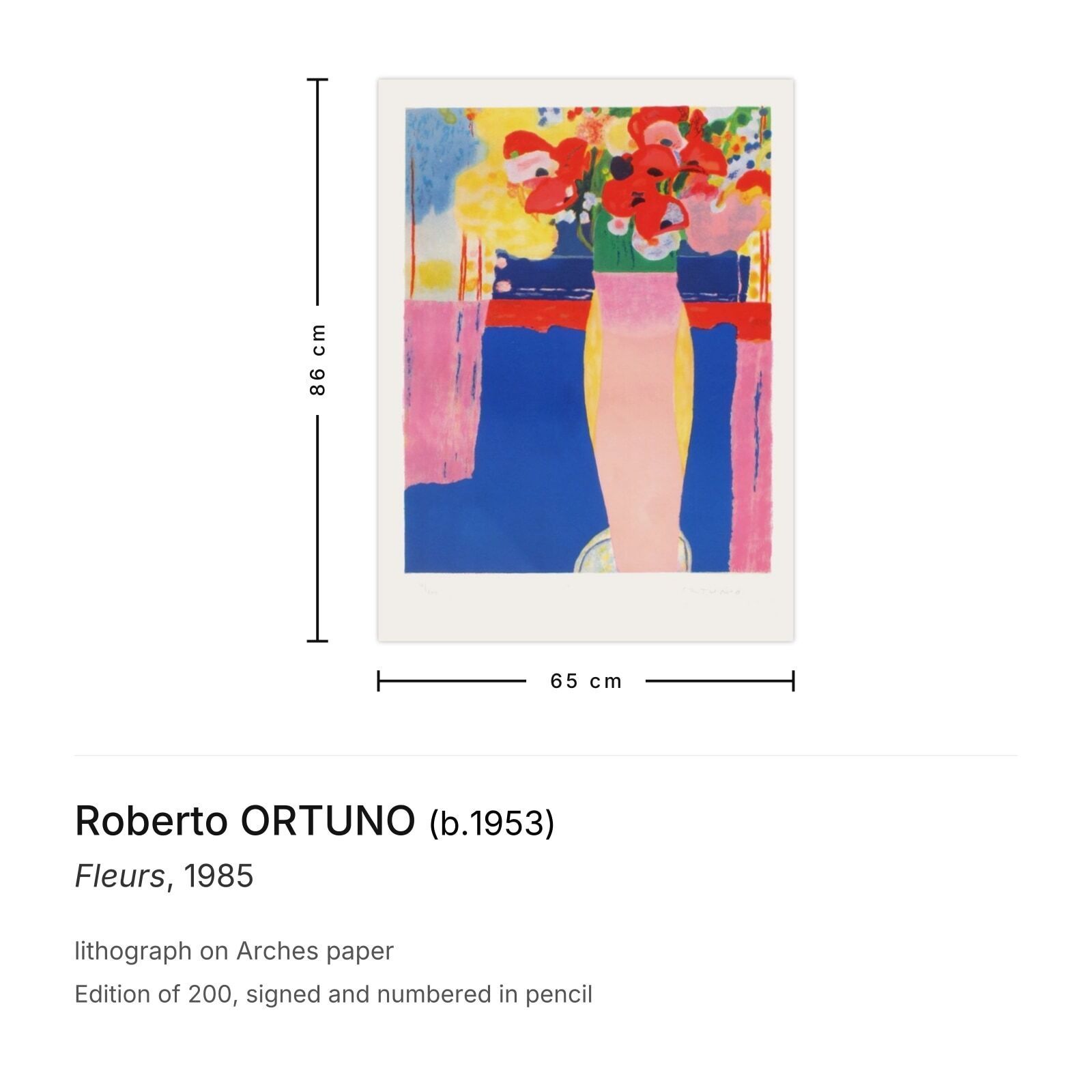 Roberto Ortuno Gesigneerde Lithografie Fleurs 1985 photo furniture