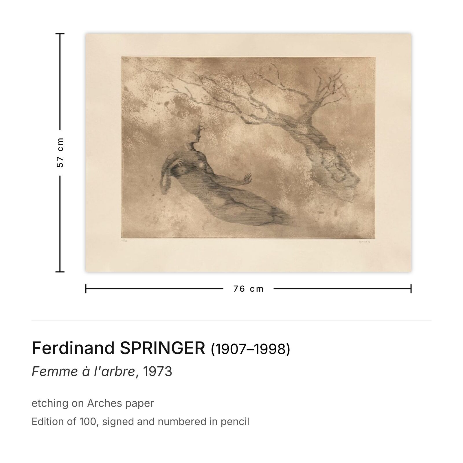Ferdinand Springer Gesigneerde Ets Femme à L'arbre 1973 photo furniture