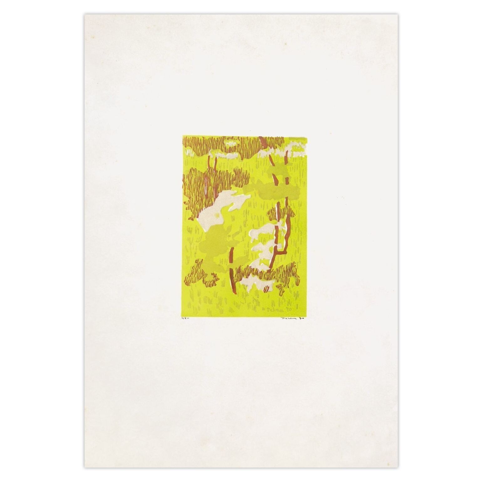 Monique Pehem (Breton Prouté) Gesigneerde Linosnede Prairie 1970