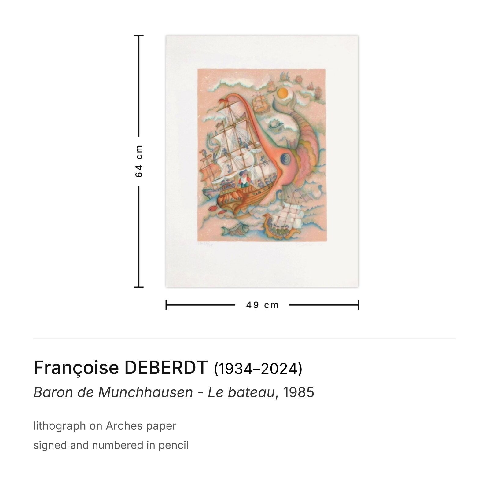 Françoise Deberdt Signed Lithograph Baron De Munchhausen   Le Bateau 1985 photo furniture