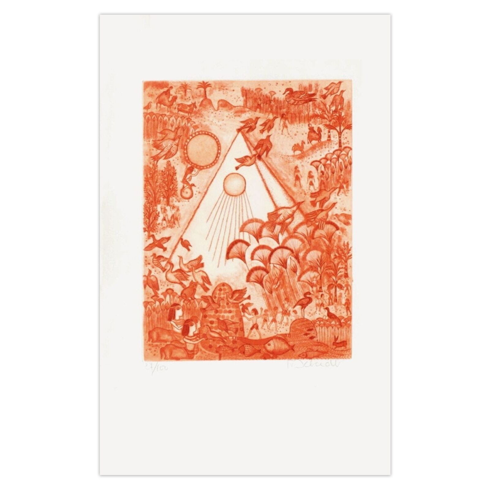 Françoise Deberdt Signed Etching Les 7 Merveilles Du Monde   Pyramide De Khéops 1975