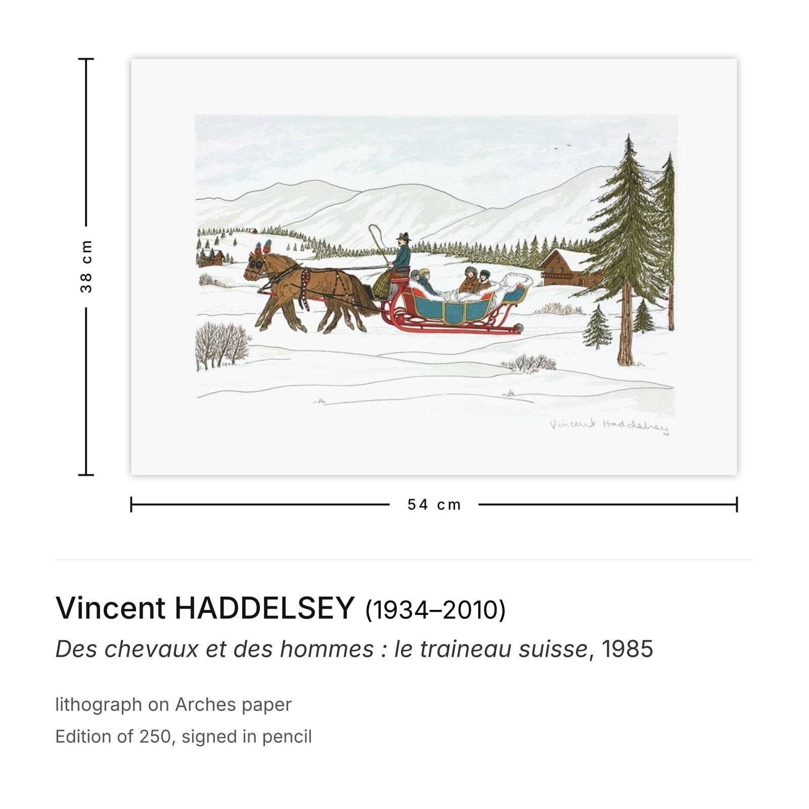 Vincent Haddelsey Signed Lithograph Des Chevaux Et Des Hommes : Le Traineau Suisse 1985 photo furniture