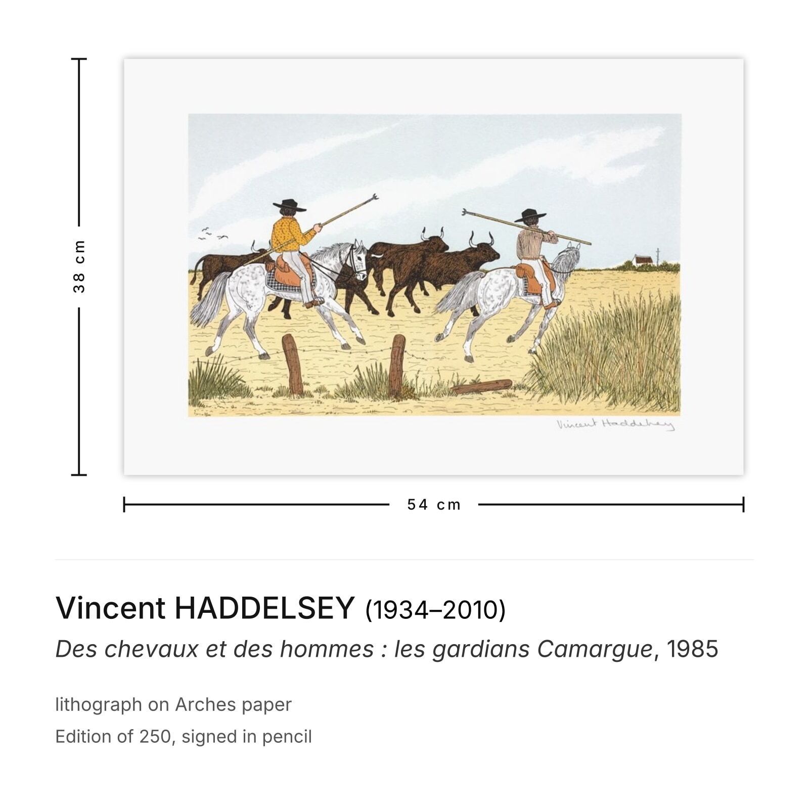 Vincent Haddelsey Gesigneerde Lithografie Des Chevaux Et Des Hommes : Les Gardians Camargue 1985 photo furniture