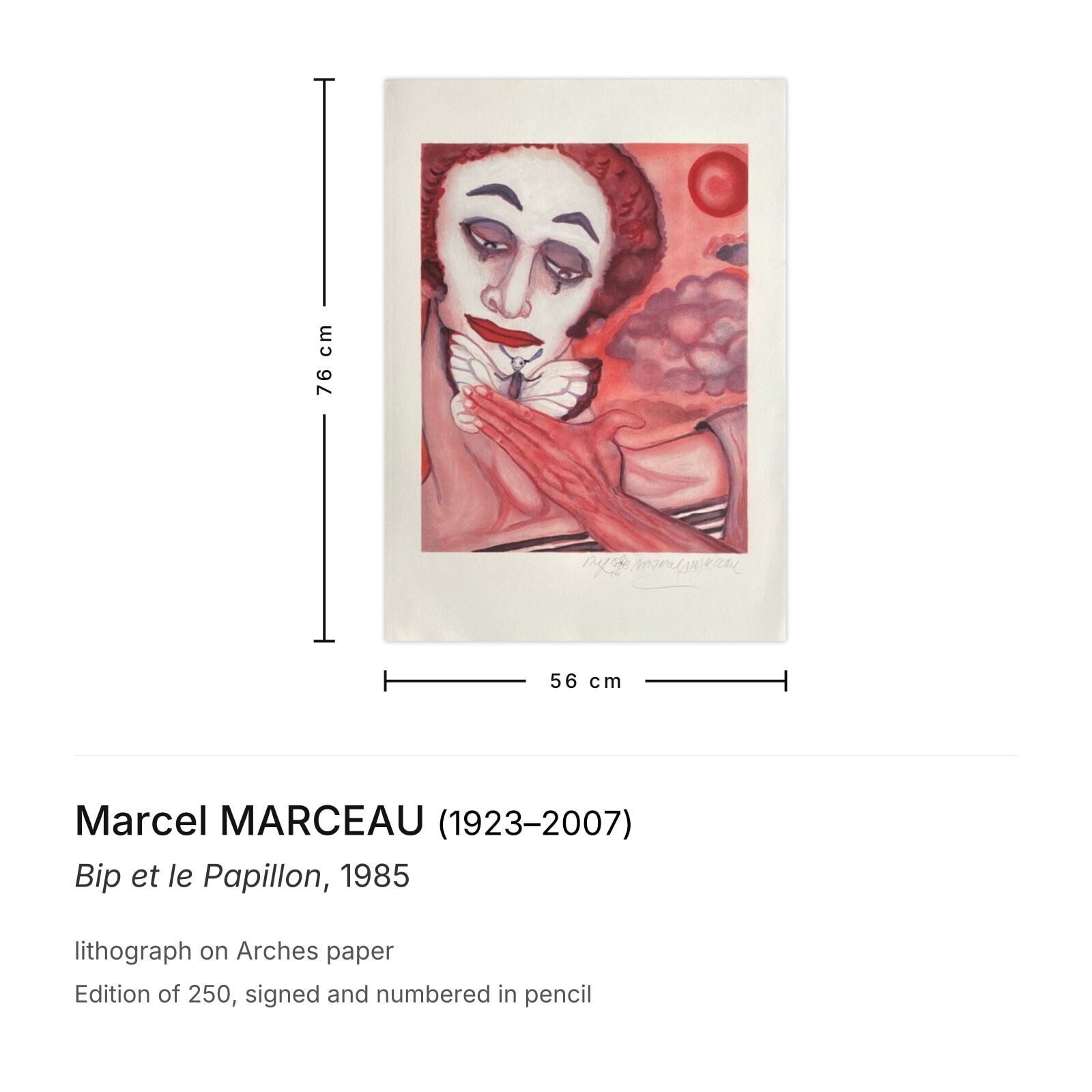 Marcel Marceau Gesigneerde Lithografie Bip Et Le Papillon 1985 photo furniture