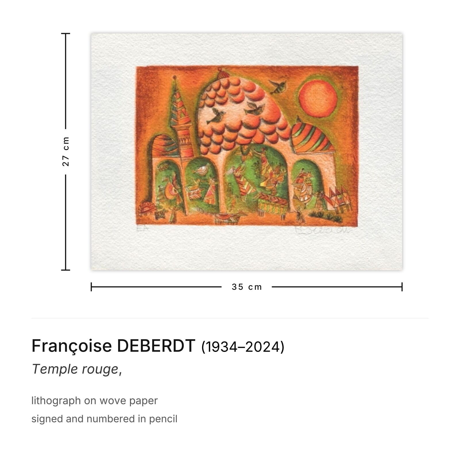 Françoise Deberdt Gesigneerde Lithografie Temple Rouge photo furniture