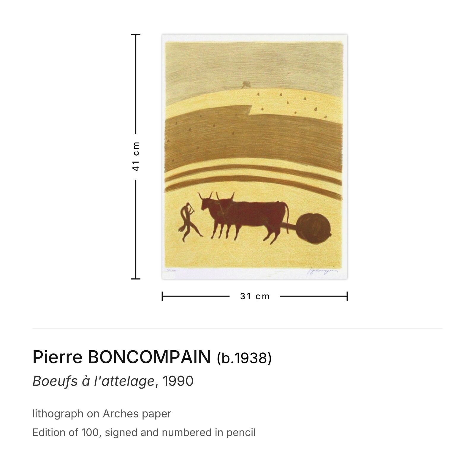 Pierre Boncompain Gesigneerde Lithografie Boeufs à L'attelage 1990 photo furniture