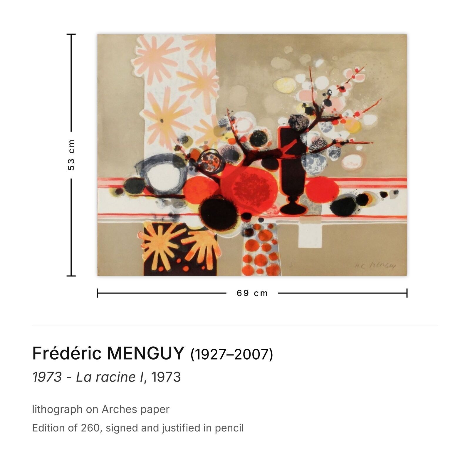 Frédéric Menguy Gesigneerde Lithografie 1973 La Racine I photo furniture