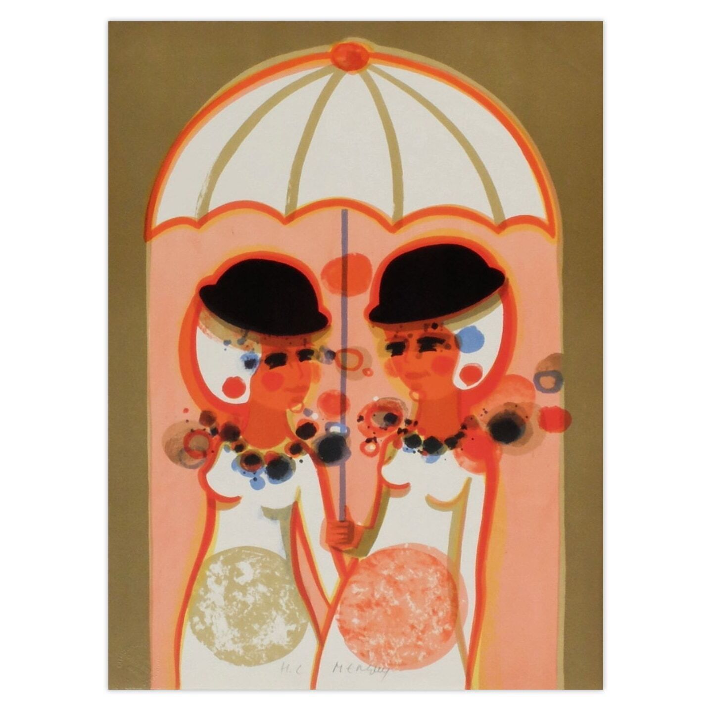Frédéric Menguy Gesigneerde Lithografie 1975   Les Angéliques   Le Parapluie
