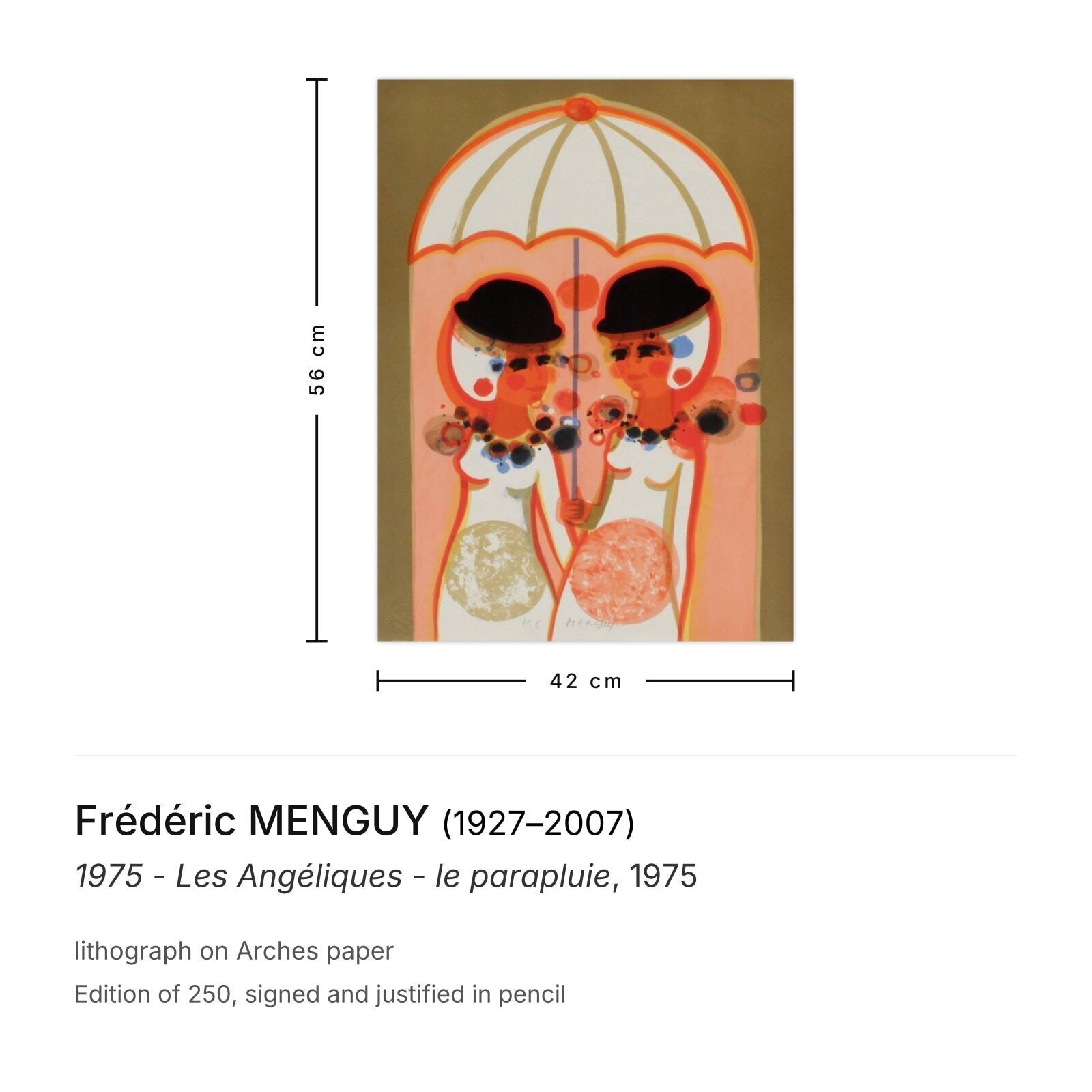 Frédéric Menguy Gesigneerde Lithografie 1975   Les Angéliques   Le Parapluie photo furniture