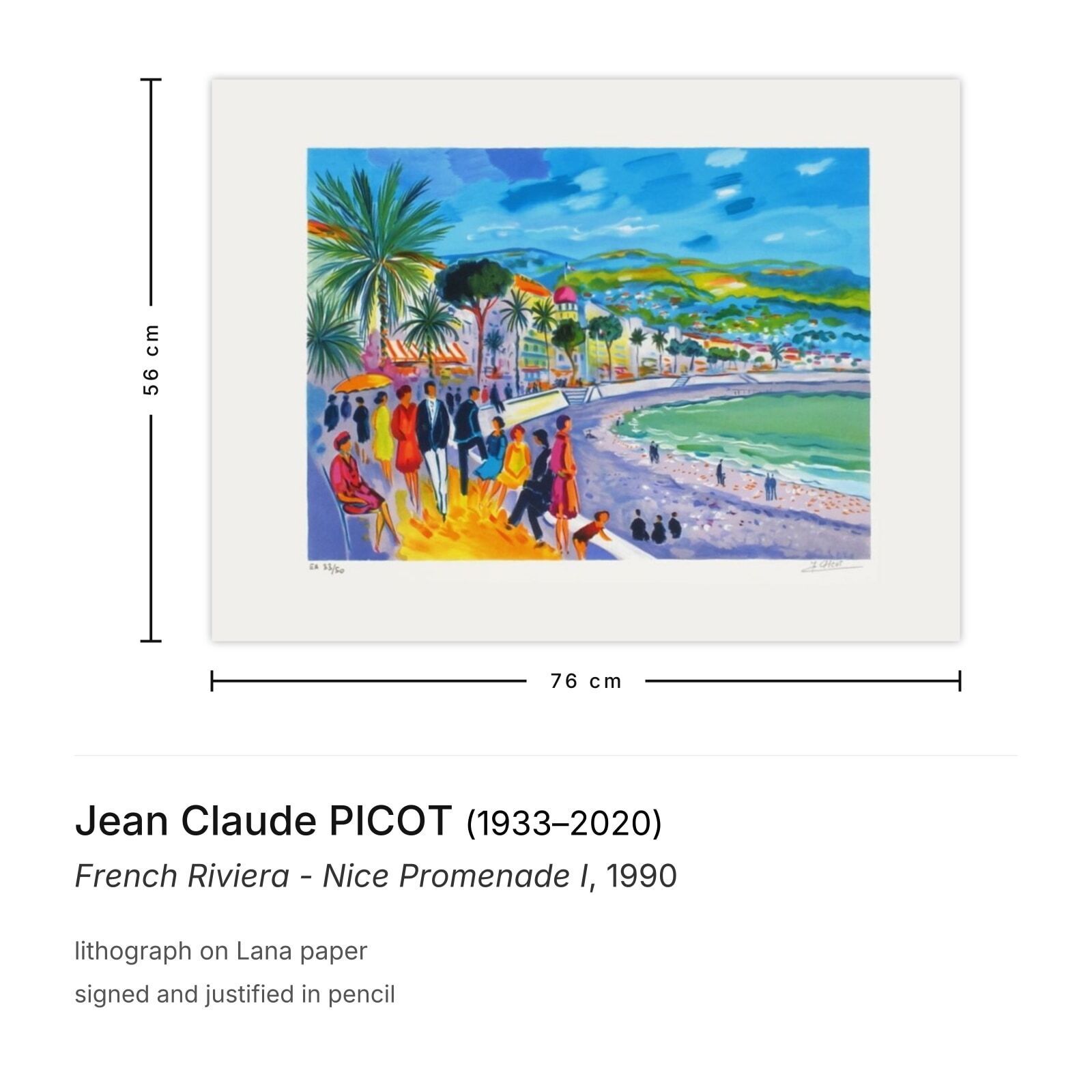 Jean Claude Picot Gesigneerde Lithografie French Riviera Nice Promenade I 1990 photo furniture