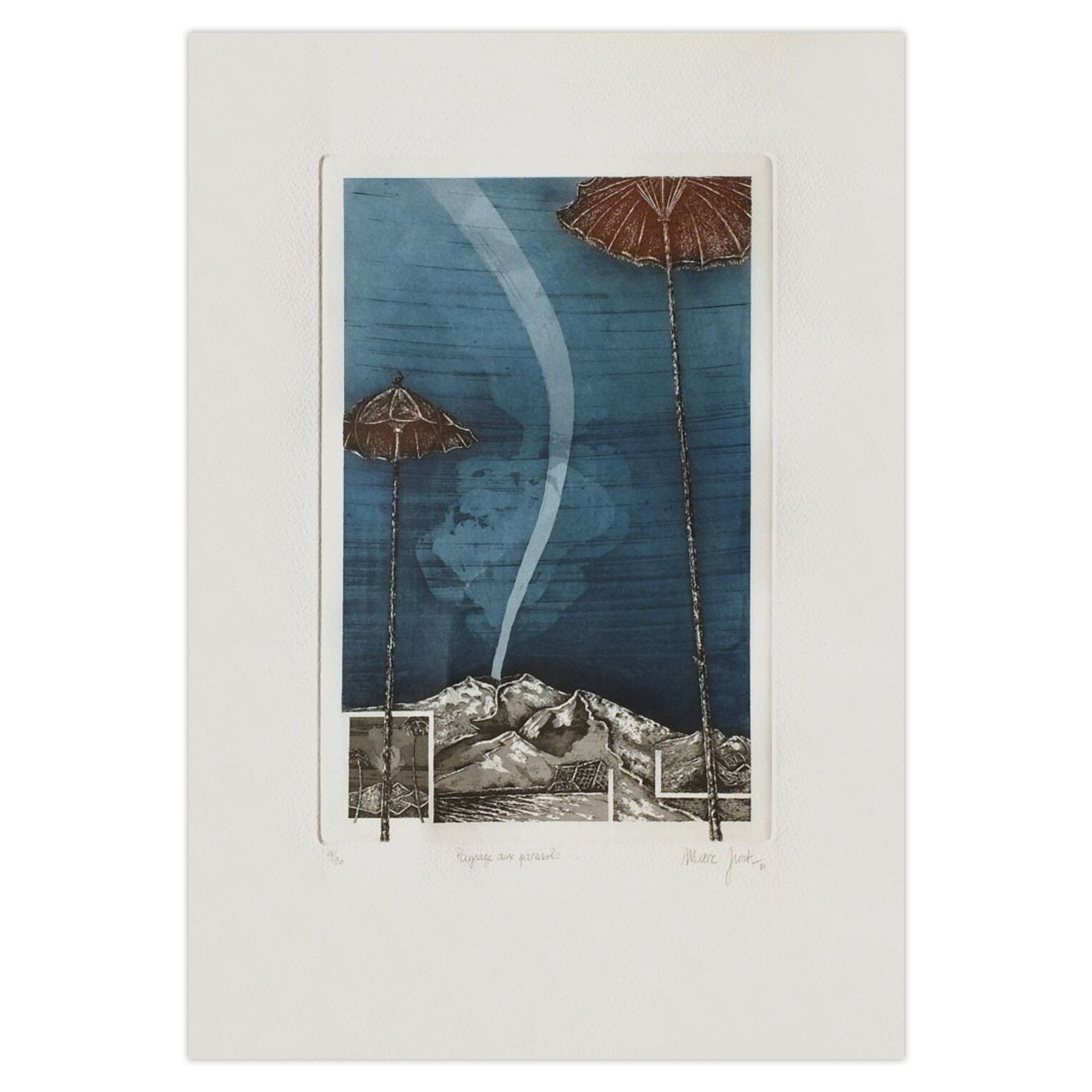 Marc Jurt Gesigneerde Ets Paysage Aux Parasols 1981