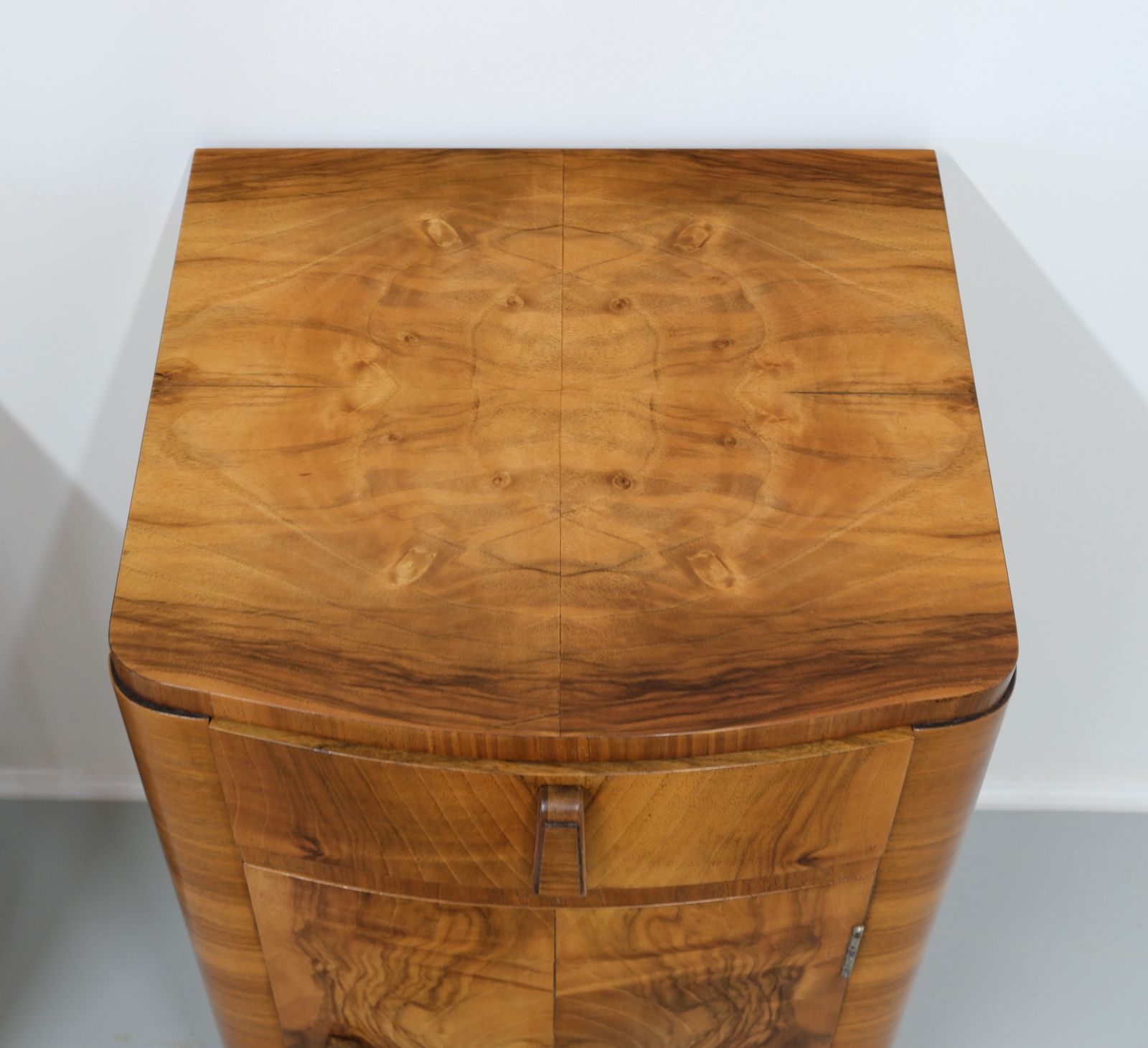 Pair Art Deco Figured Walnut Bedside Cabinets 1930s photo furniture