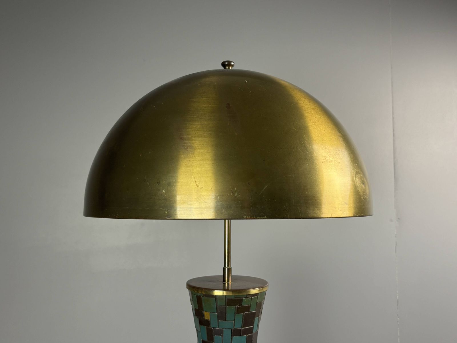 Midcentury Mosaic And Brass Xl Table Lamp With Gold Mushroom Shade, 1960s photo for sale