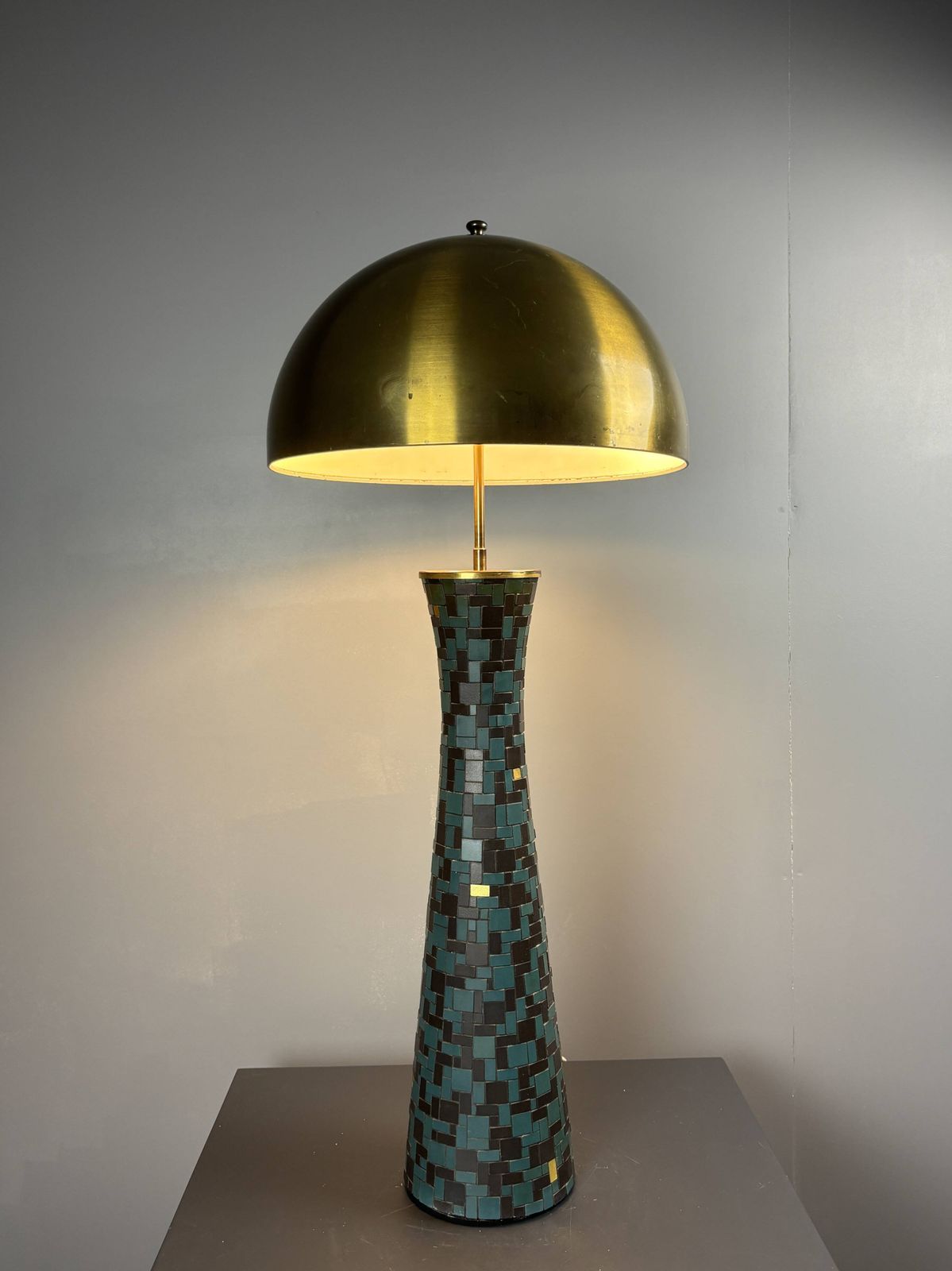 photo buy Midcentury Mosaic And Brass Xl Table Lamp With Gold Mushroom Shade, 1960s