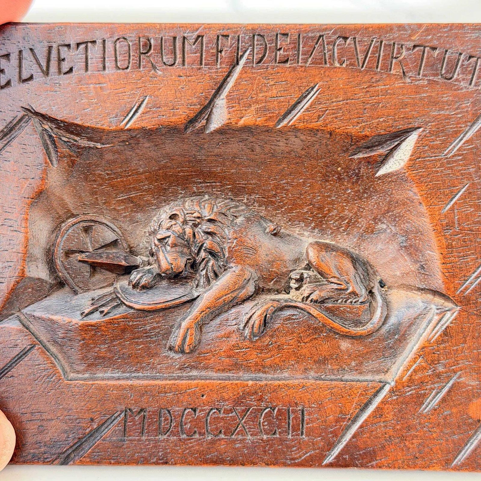 Antique Swiss Carved Wood Lion Of Lucerne Wall Plaque Memorial photo vinterior