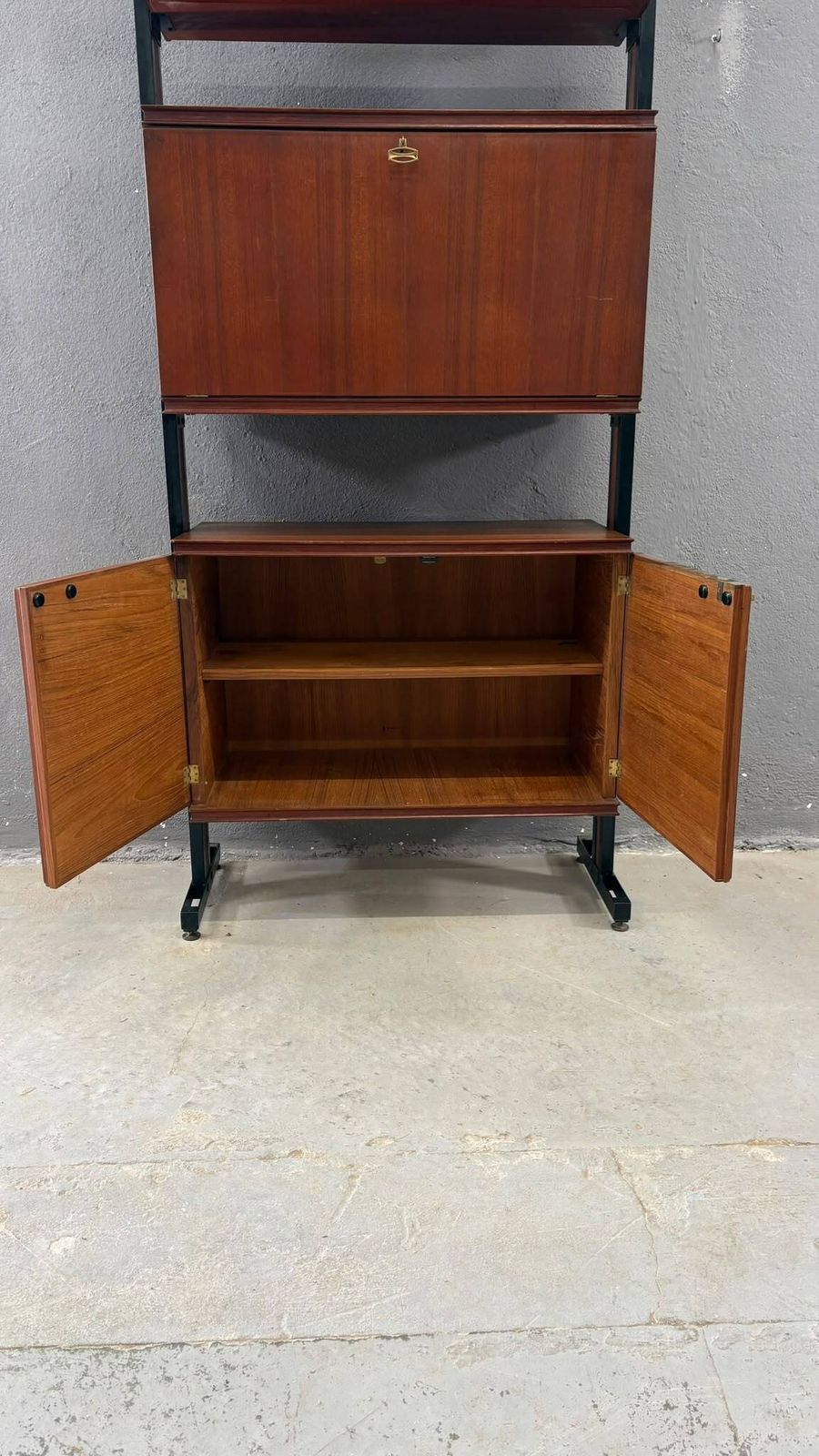 Mid Century Modern Modular Wall Unit, Veneer & Black Metal Shelving Cabinet, 1960s, Europe photo for sale
