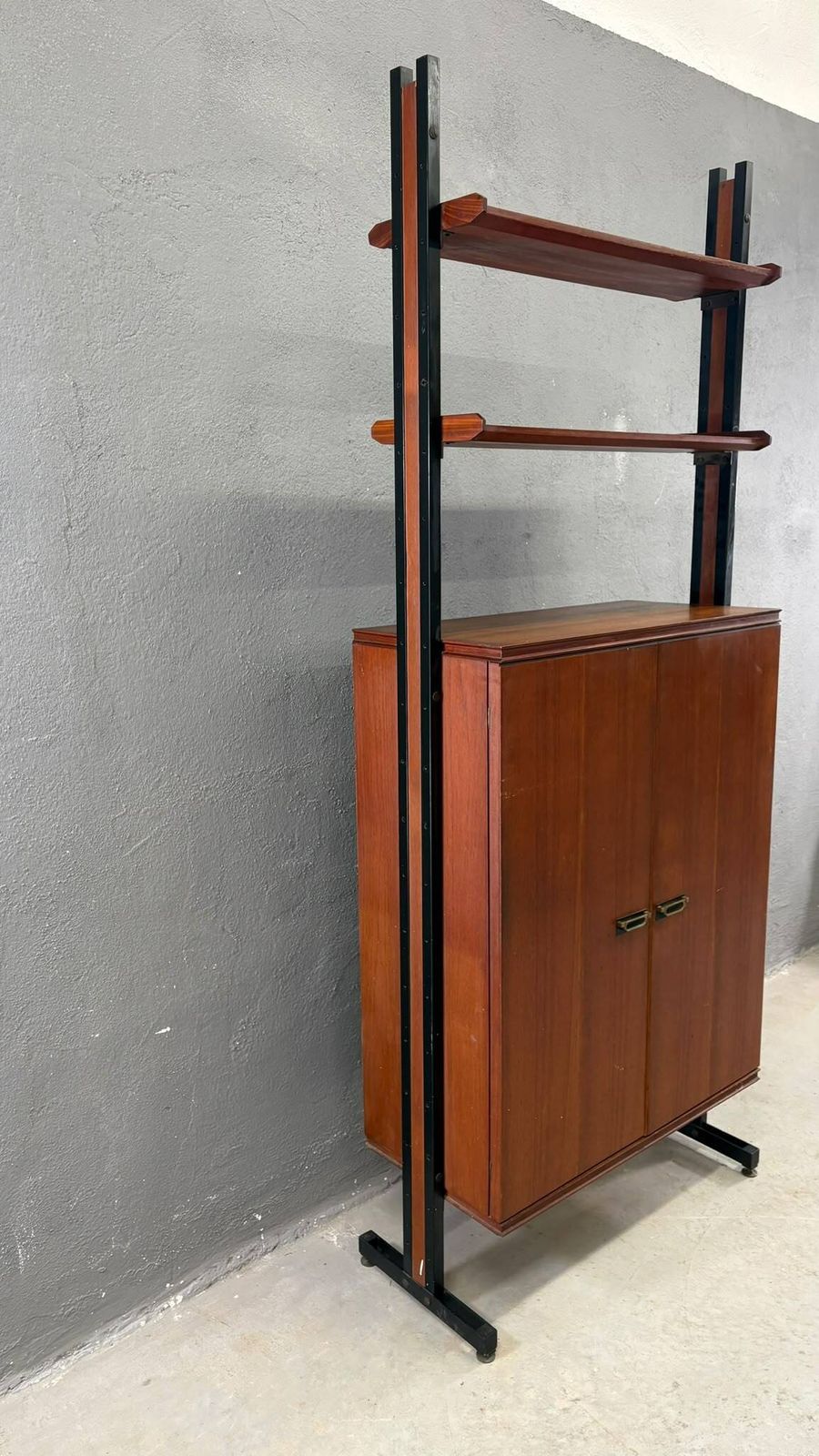 Furniture Mid Century Modern Modular Wall Unit, Veneer & Black Metal Cabinet, 1960s, Europe photo