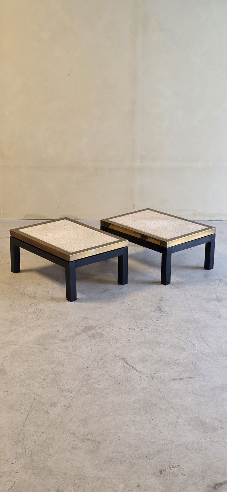 Set Of 2 Travertine And Brass Sidetables, 1970s