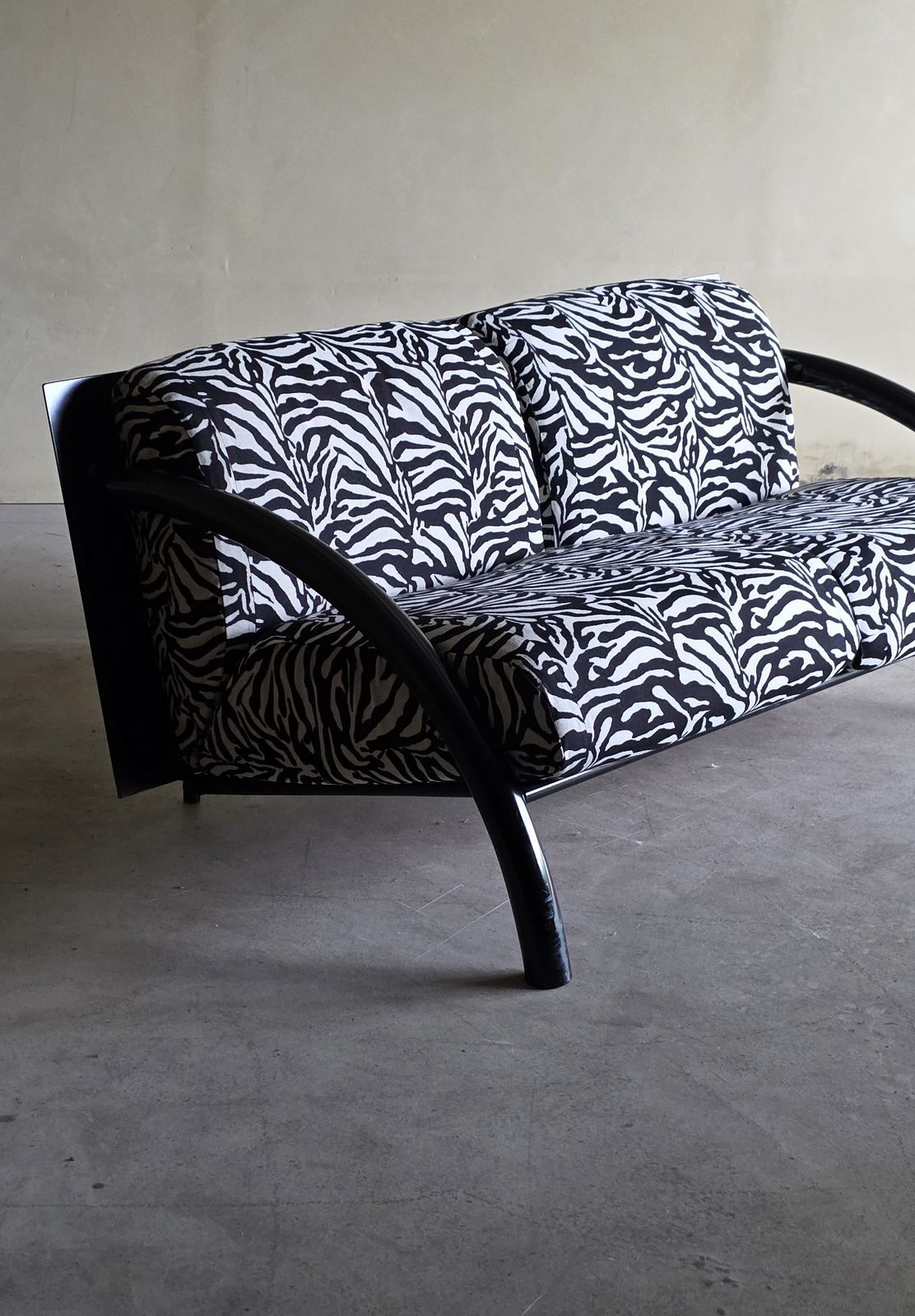 Vintage, Black Modernist 2seater Sofa In Zebra Fabric photo for sale
