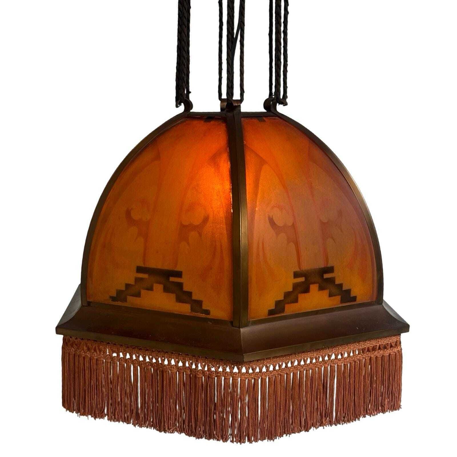 photo furniture Art Deco / Amsterdamse School   Glas-in-lood Hanglamp   Bronzen Frame   In De Stijl Van Tuschinski   Geen Barsten, Volledig Compleet.