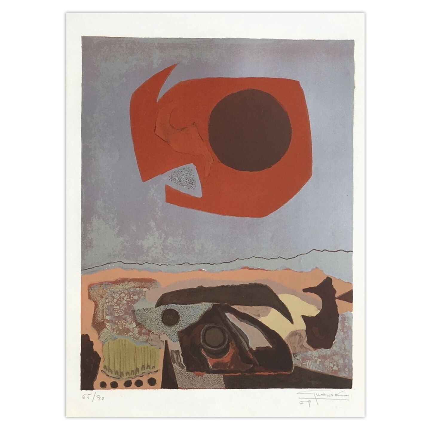 Antonio Guanse Gesigneerde Lithografie Paysage D'ailleurs 1969